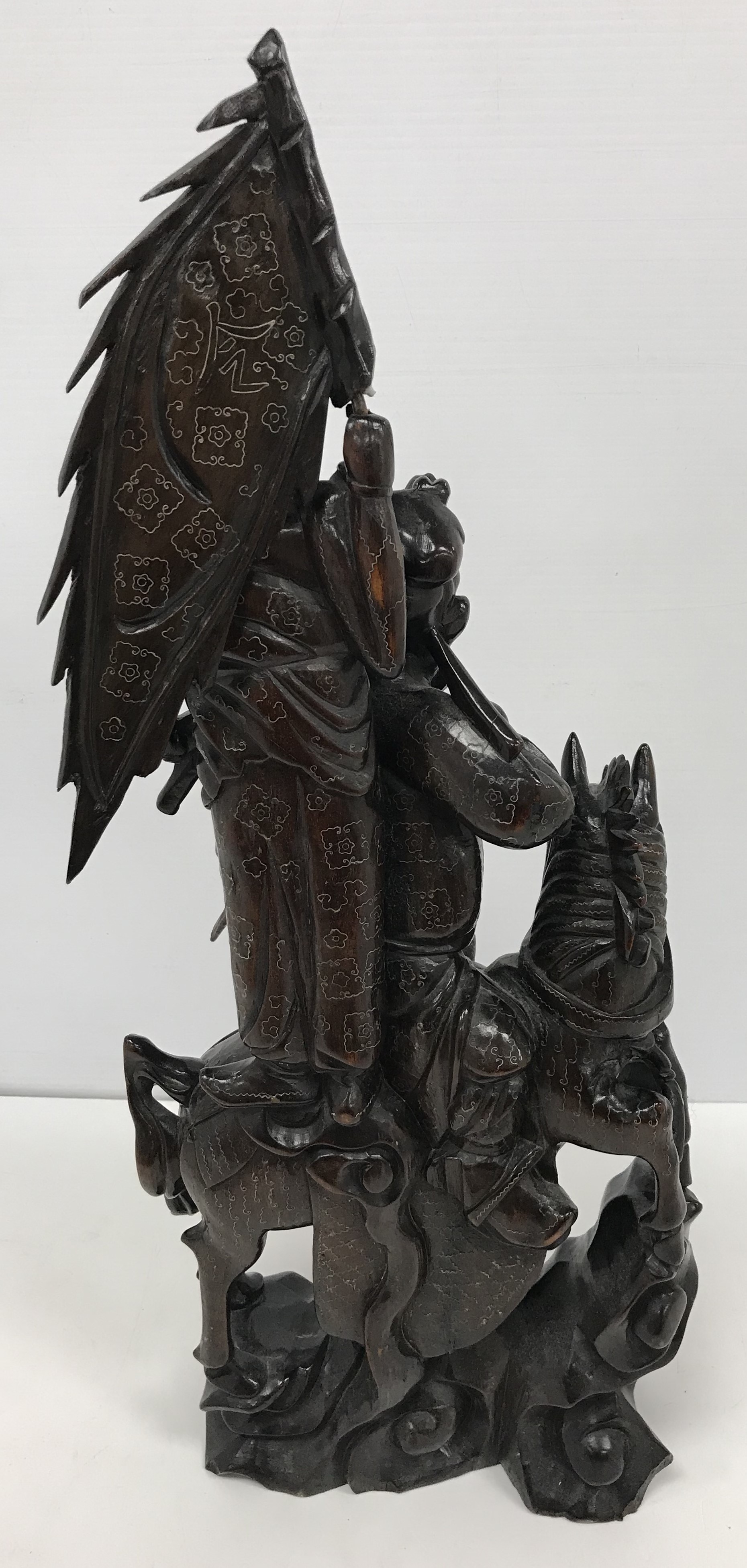 A circa 1900 Chinese carved wood and silver wire inlaid figure group of a horse mounted warrior and - Image 2 of 2