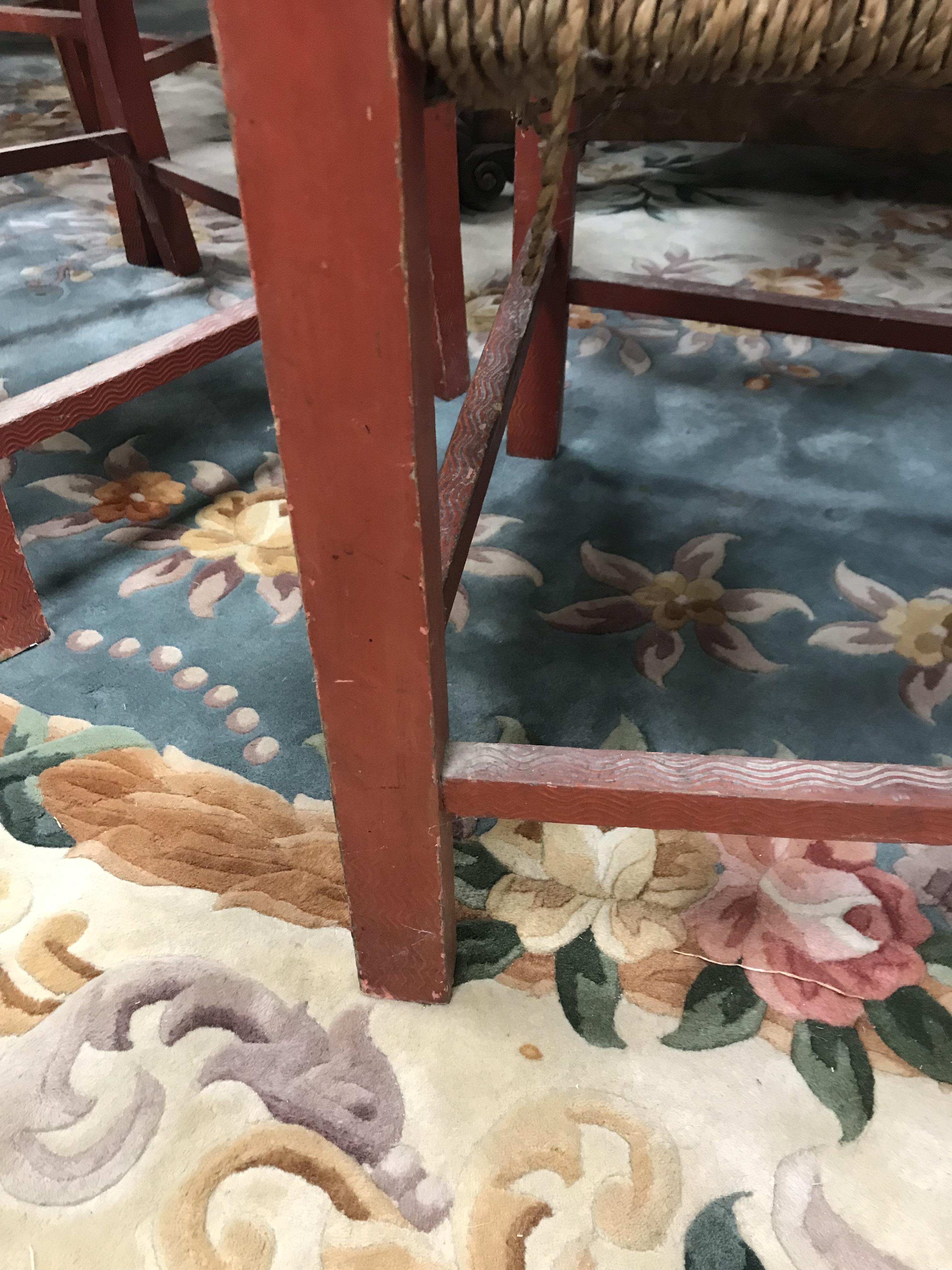 A set of six mid 20th Century red painted wrigglework decorated framed dining chairs, - Image 101 of 128