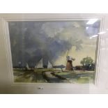 FRED BECKETT "Sails across the marshes Norfolk", watercolour,
