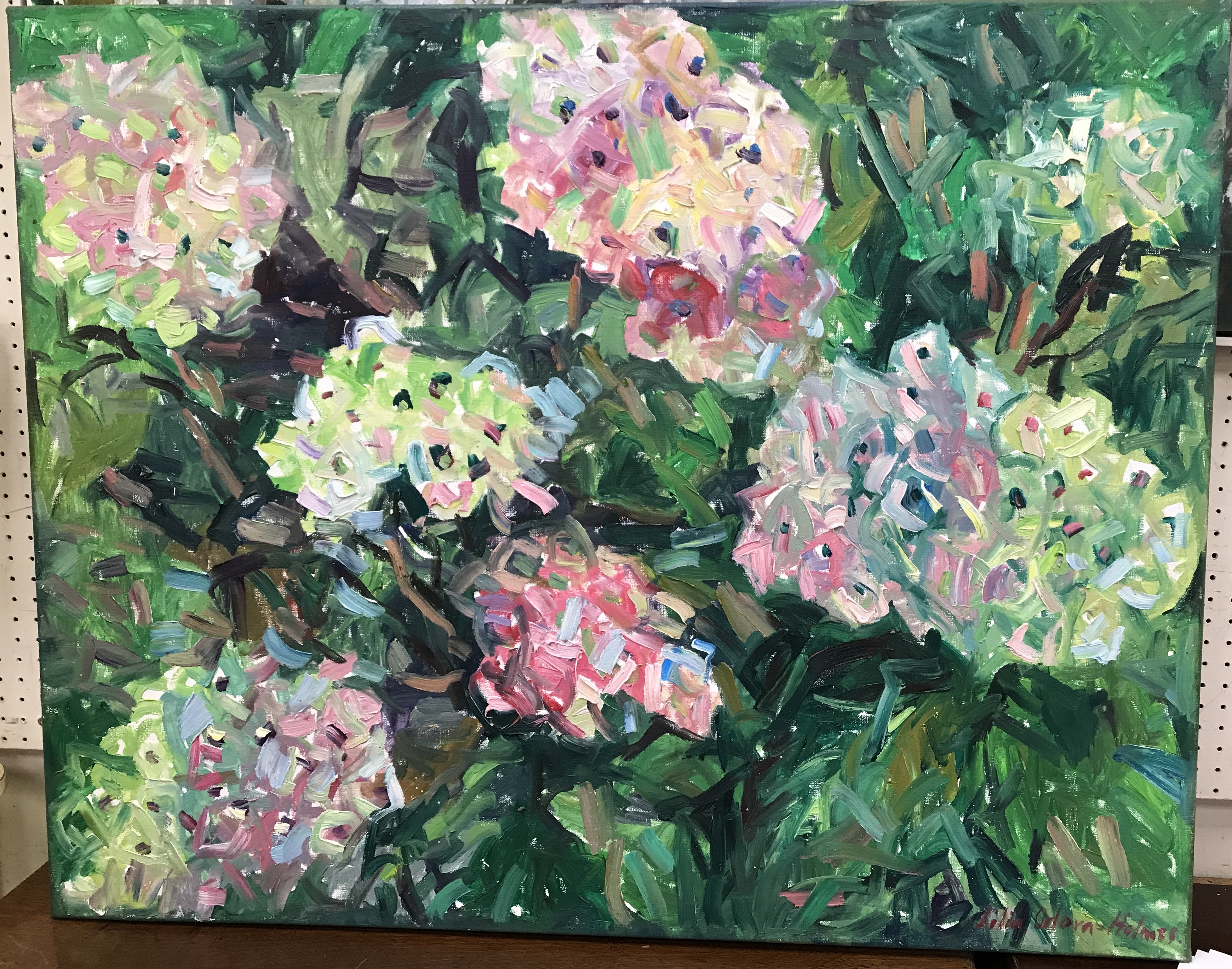LILIA ORLOVA-HOLMES "Bed of flowers", study of pink hydrangea, oil on canvas,
