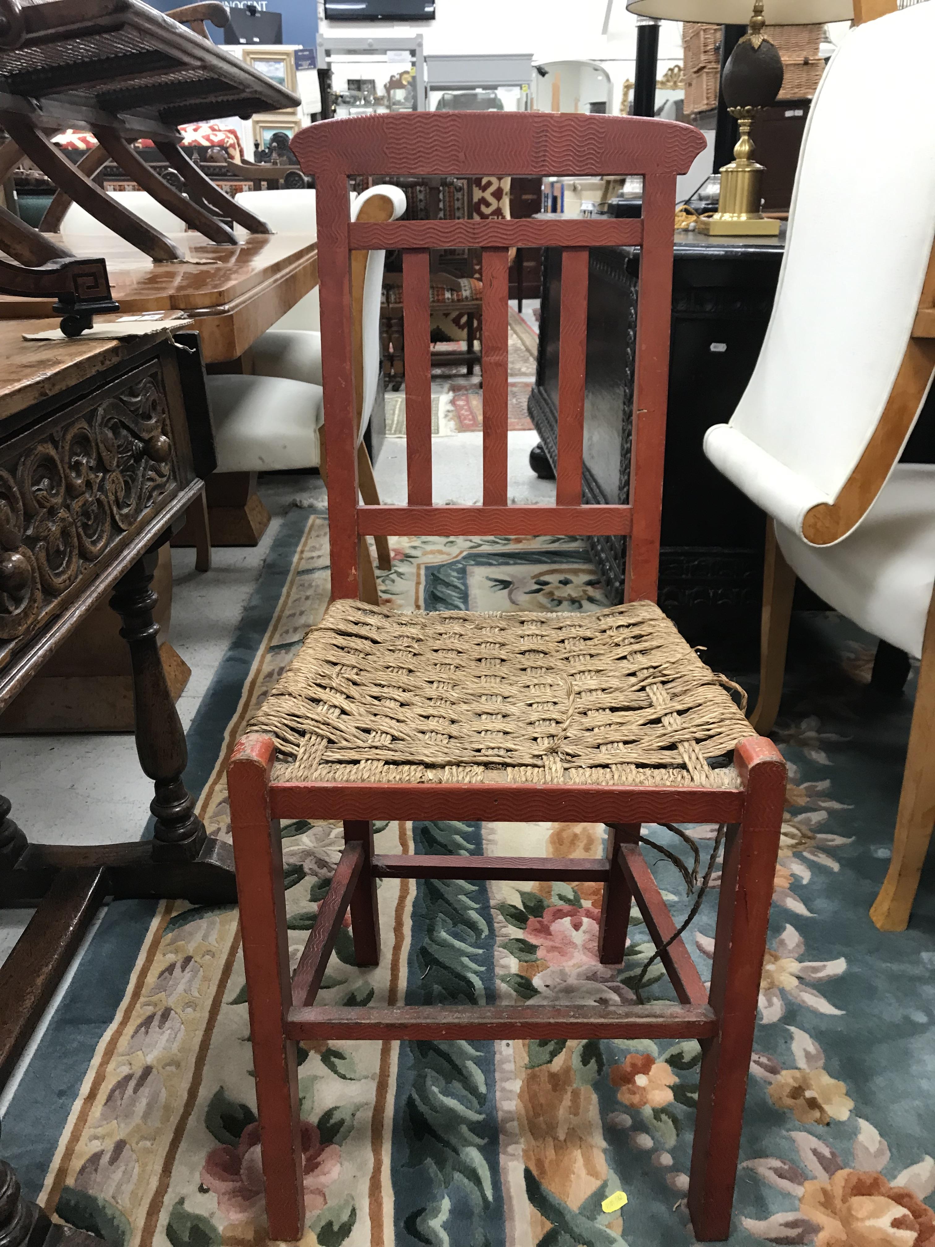 A set of six mid 20th Century red painted wrigglework decorated framed dining chairs, - Image 37 of 128