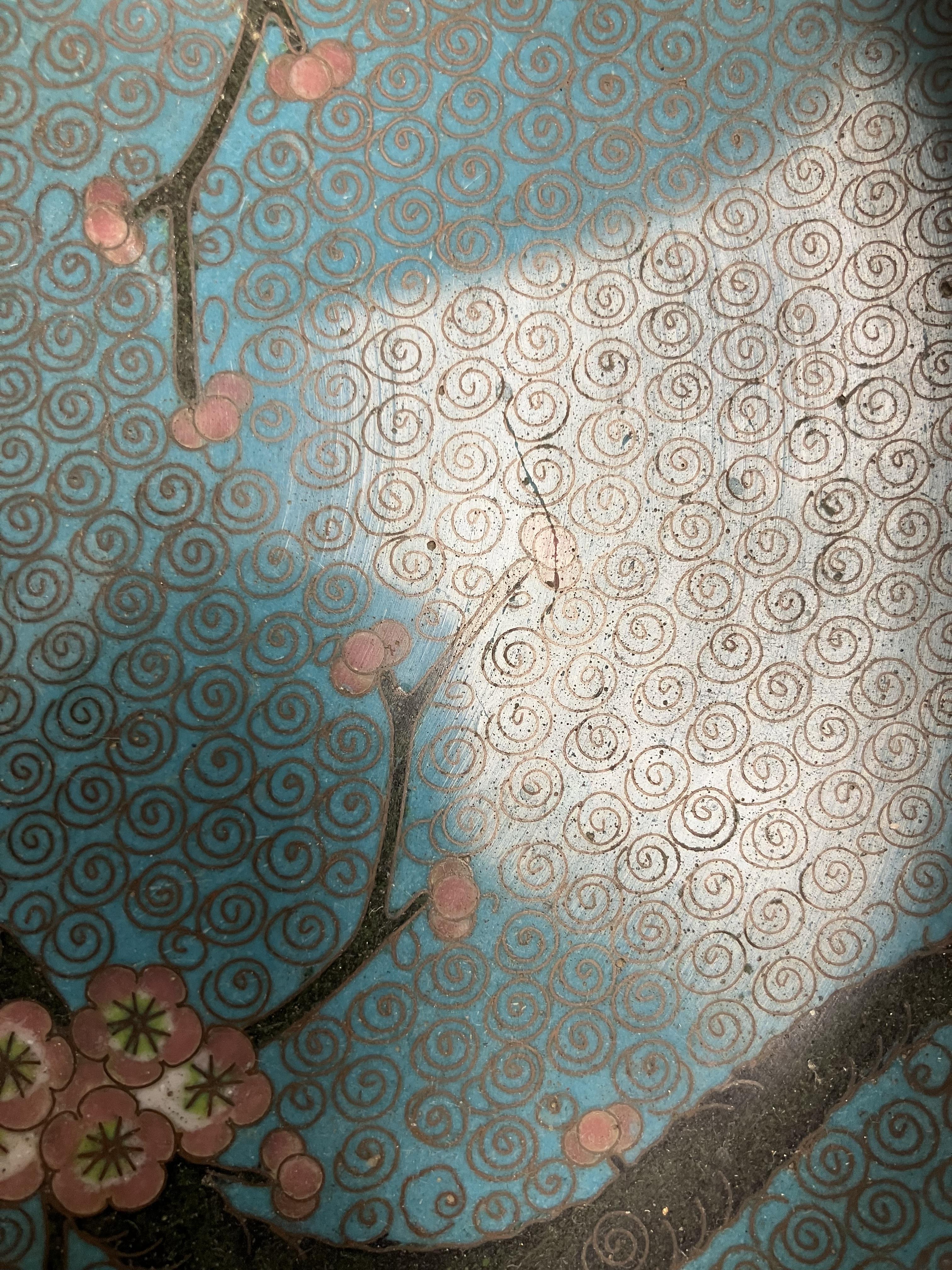 A Chinese turquoise ground cloisonné shallow bowl decorated with branches of prunus blossom raised - Image 23 of 24