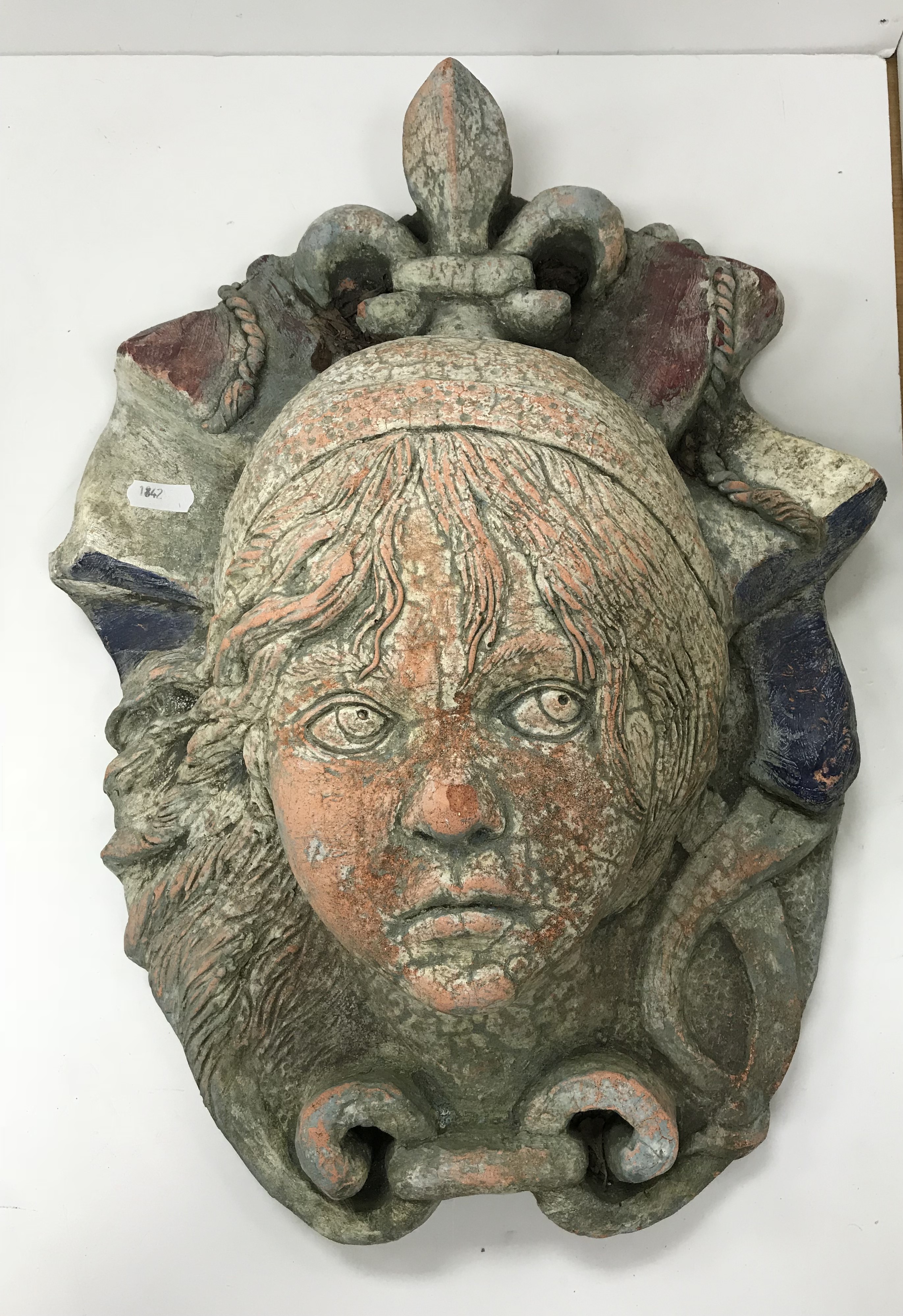 A terracotta wall plaque as the "Green man" amongst scrollwork, 30 cm x 43 cm, - Image 3 of 3