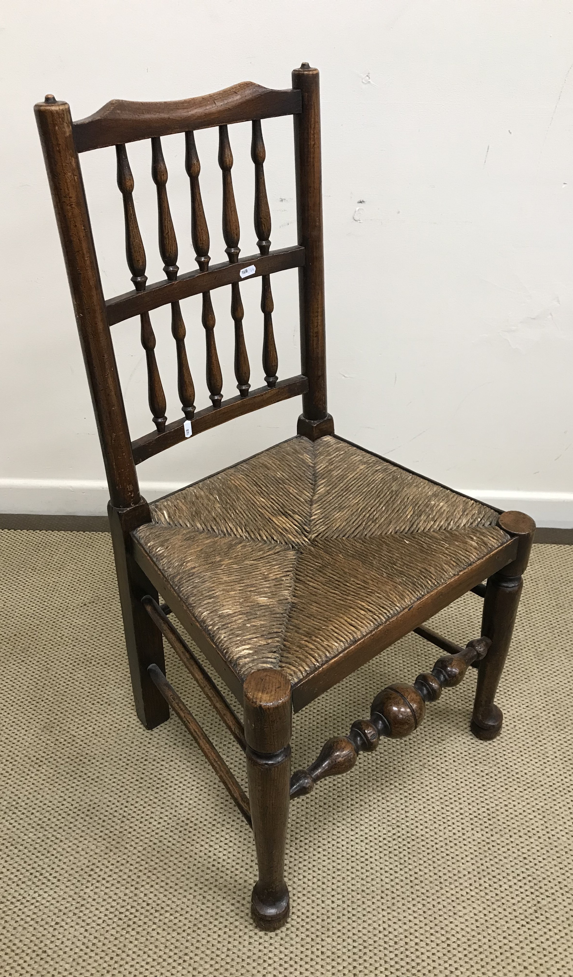 A 19th Century beech and elm Oxford bar back chair, a North Country rush seat spindle back chair, - Image 3 of 4
