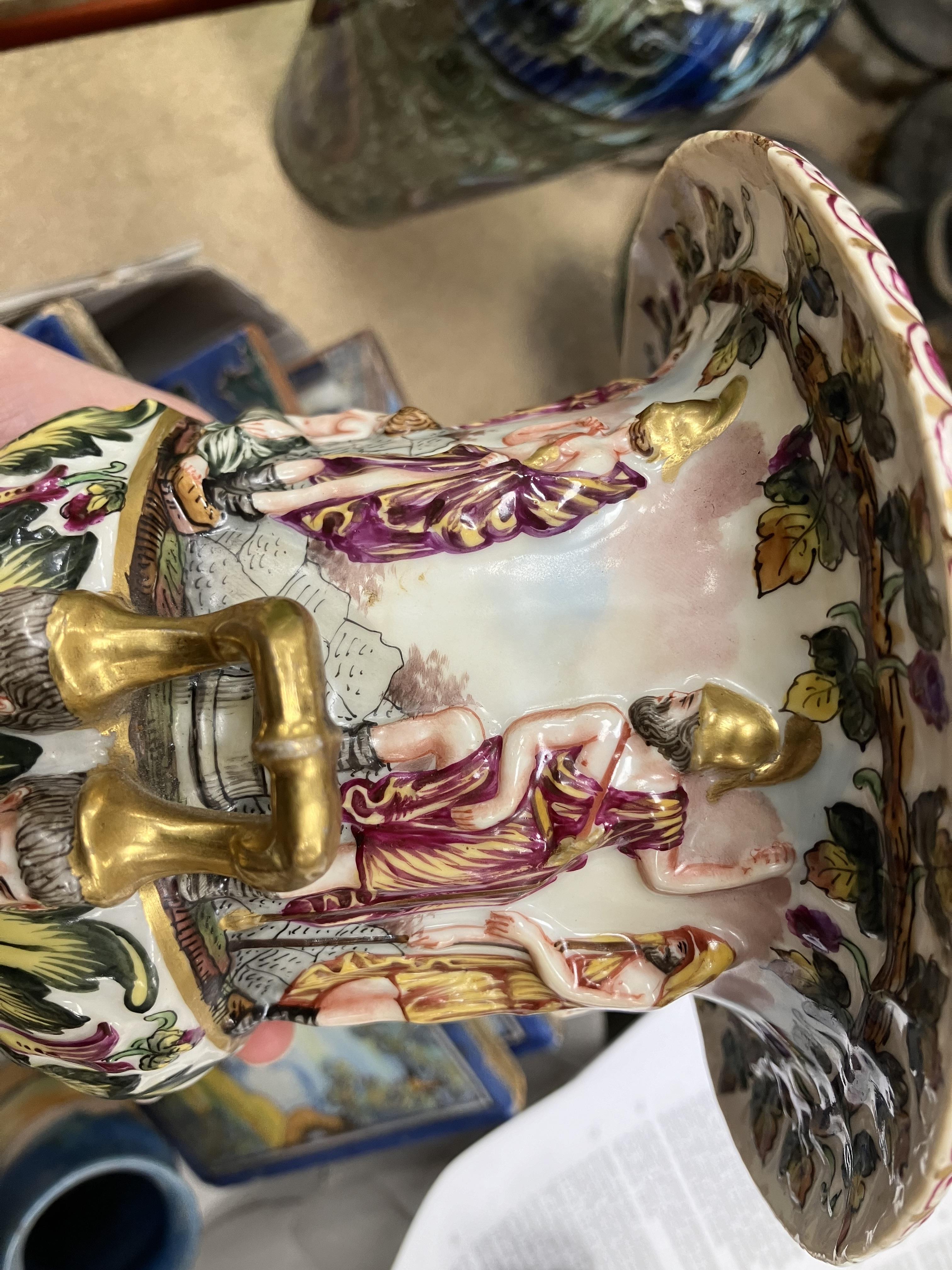 A Capodimonte polychrome relief decorated urn shaped vase with egg and dart rim over a classically - Image 35 of 41
