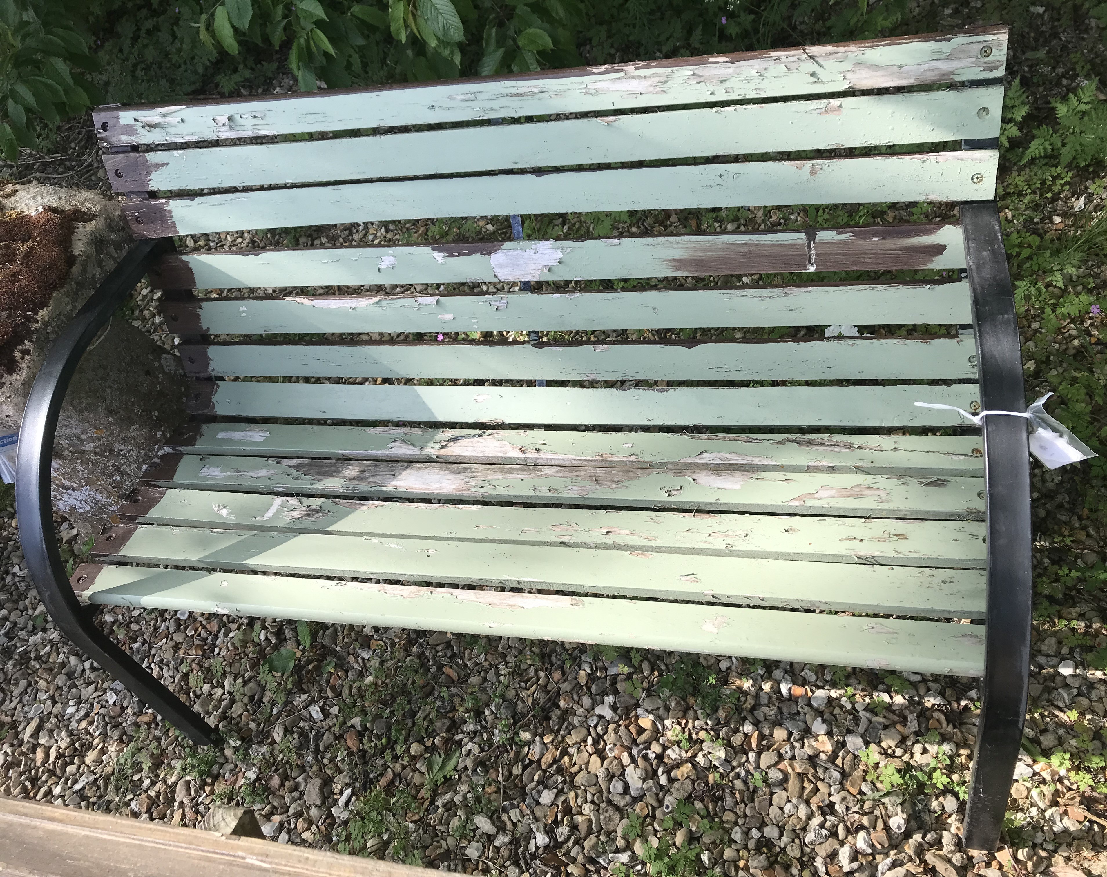 Two wooden garden benches, one painted green 122 cm wide , - Image 2 of 2