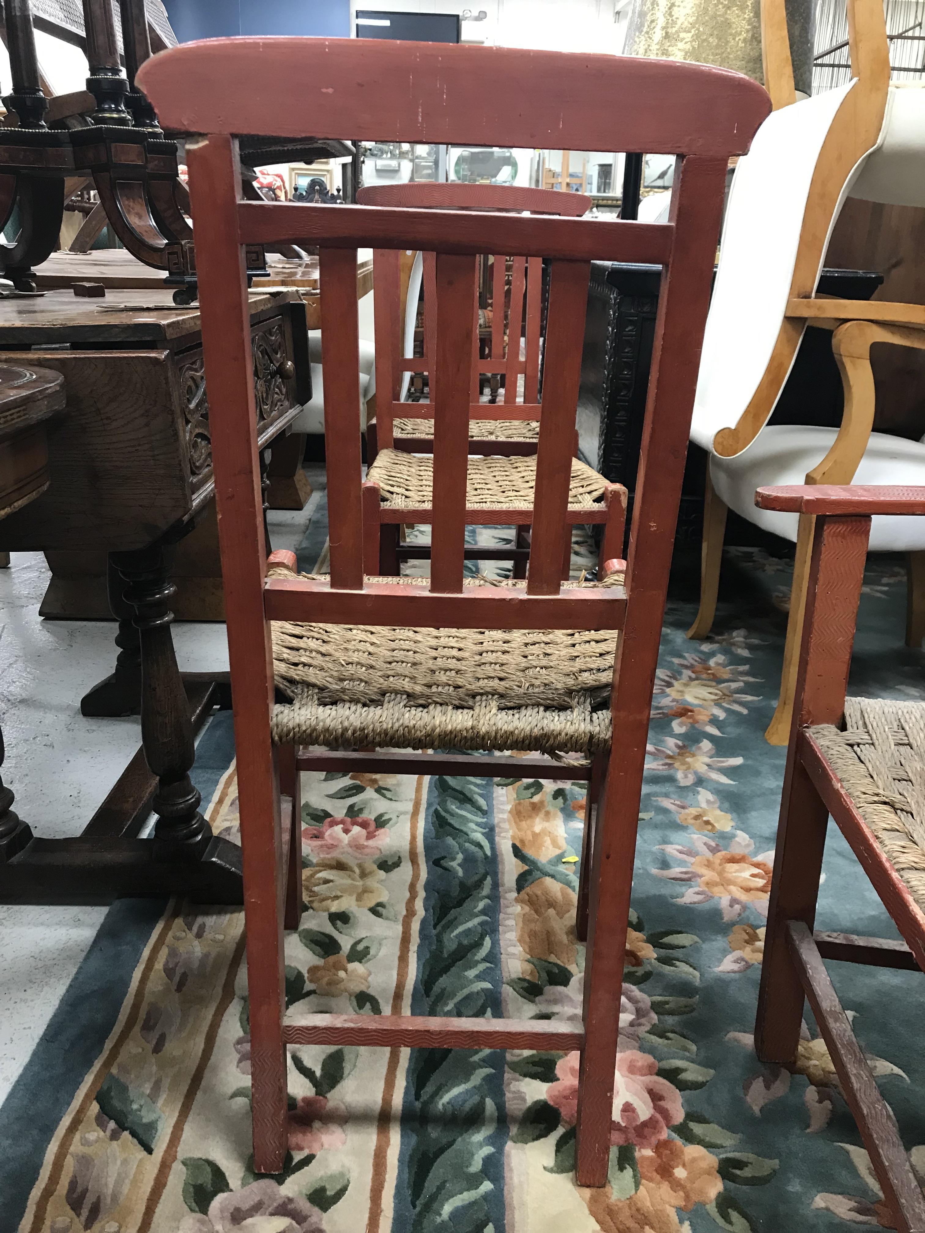 A set of six mid 20th Century red painted wrigglework decorated framed dining chairs, - Image 53 of 128