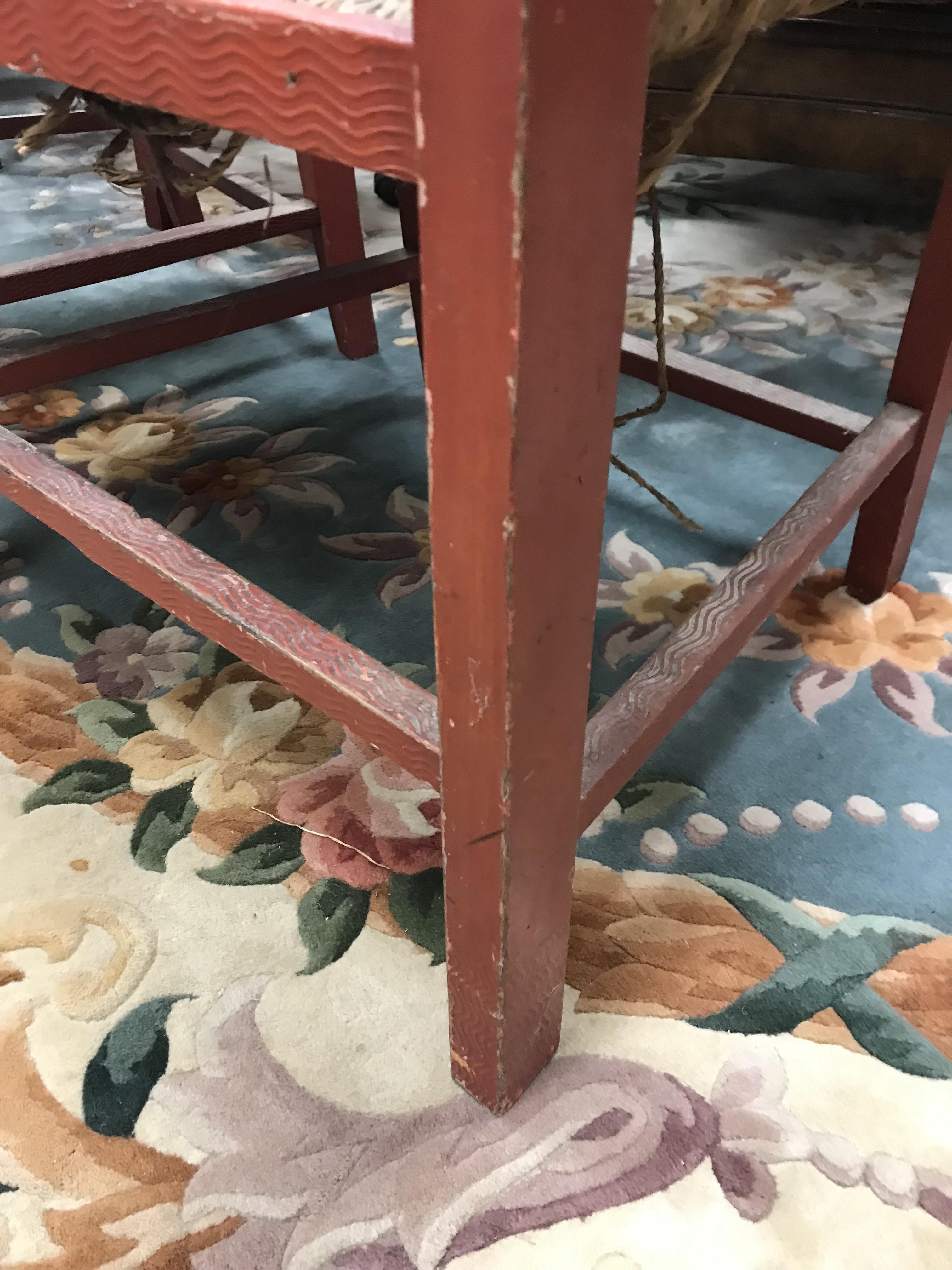 A set of six mid 20th Century red painted wrigglework decorated framed dining chairs, - Image 105 of 128