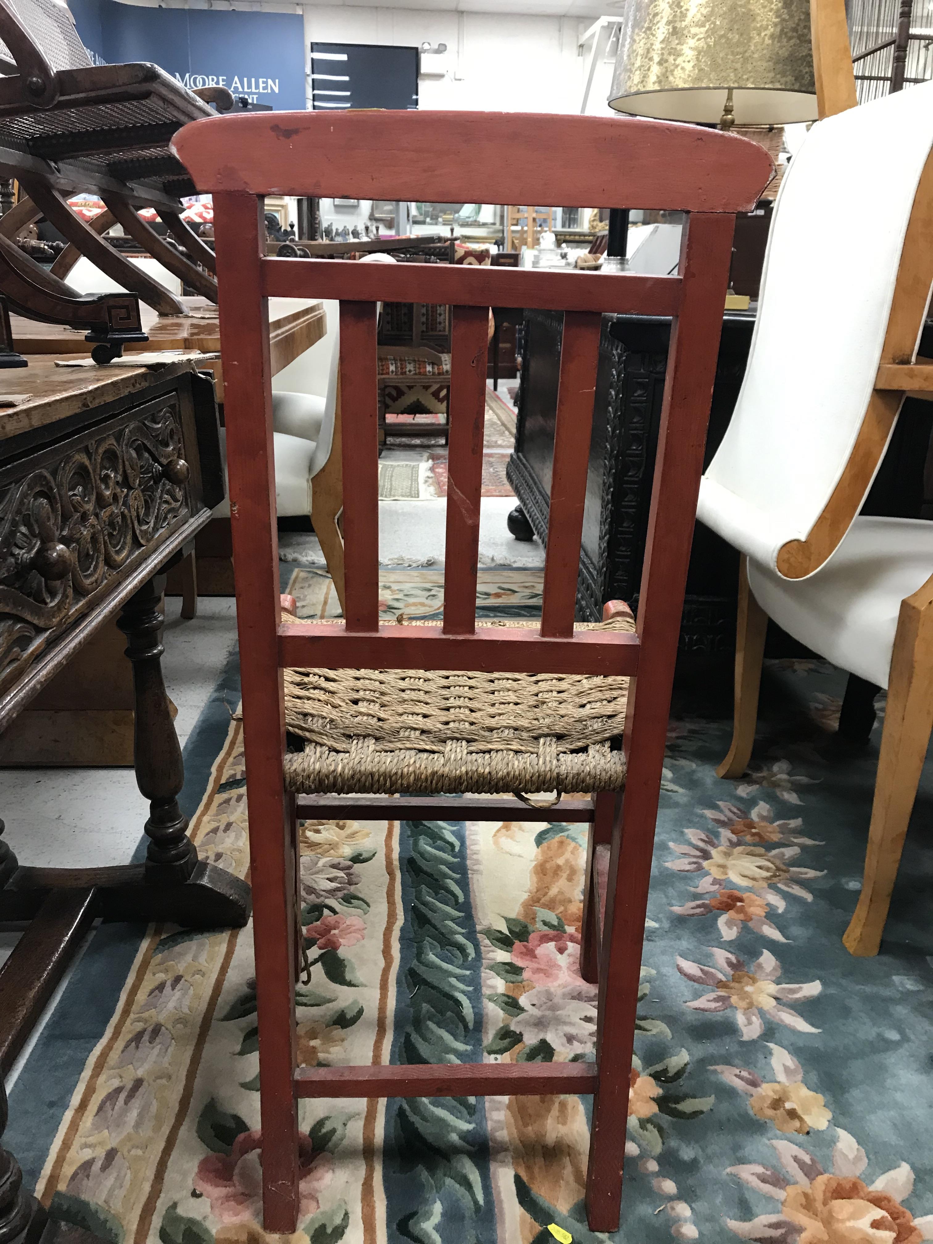 A set of six mid 20th Century red painted wrigglework decorated framed dining chairs, - Image 31 of 128