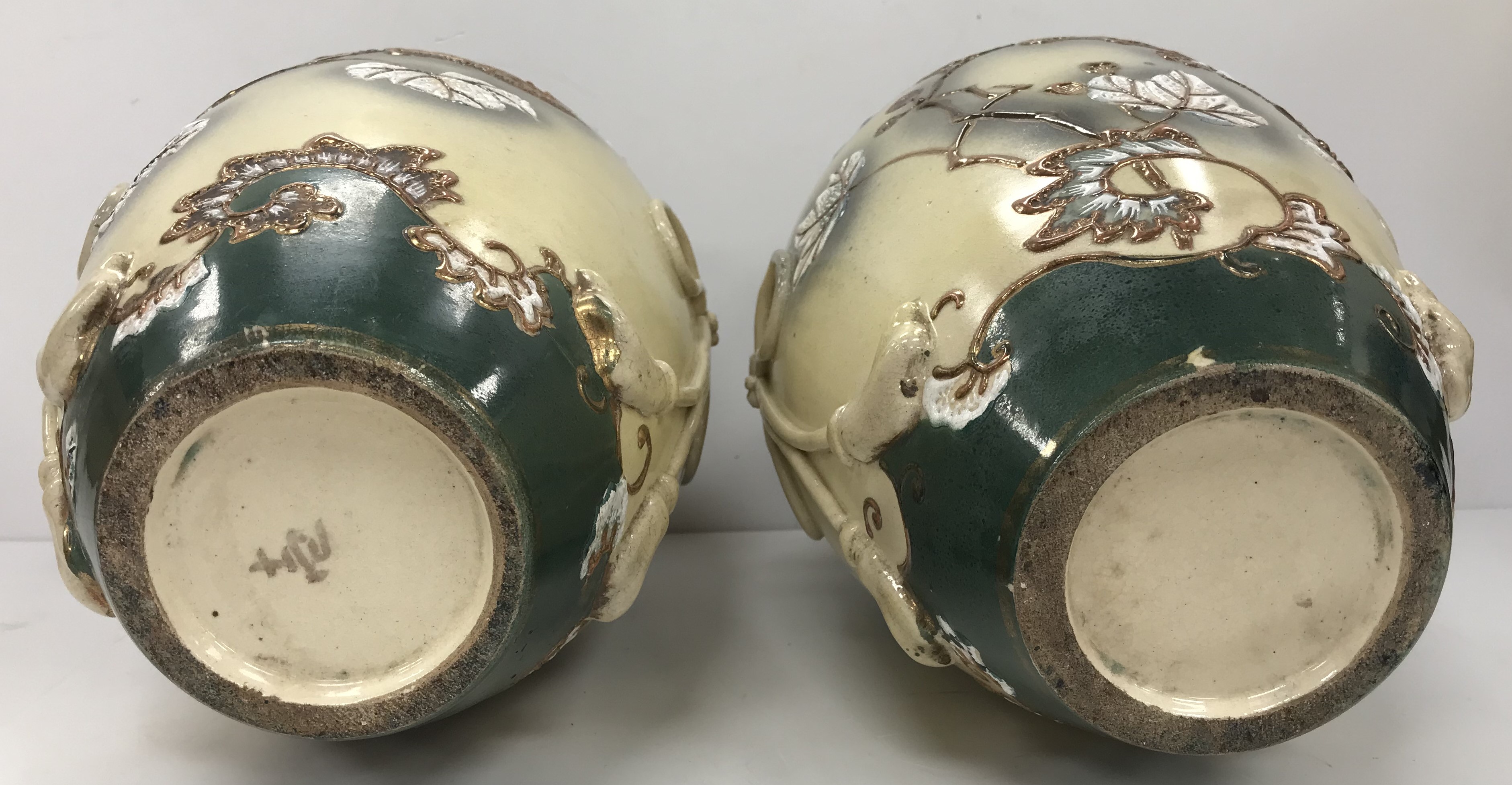 A pair of early 20th Century Japanese satsuma ware vases with relief work bird and knot decorated - Image 3 of 4