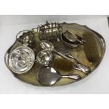 A collection of various plated wares to include two handled tray with pierced border,