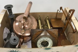 A collection of various metal wares to include a pair of De Grave Short & Co GPO scales on wooden