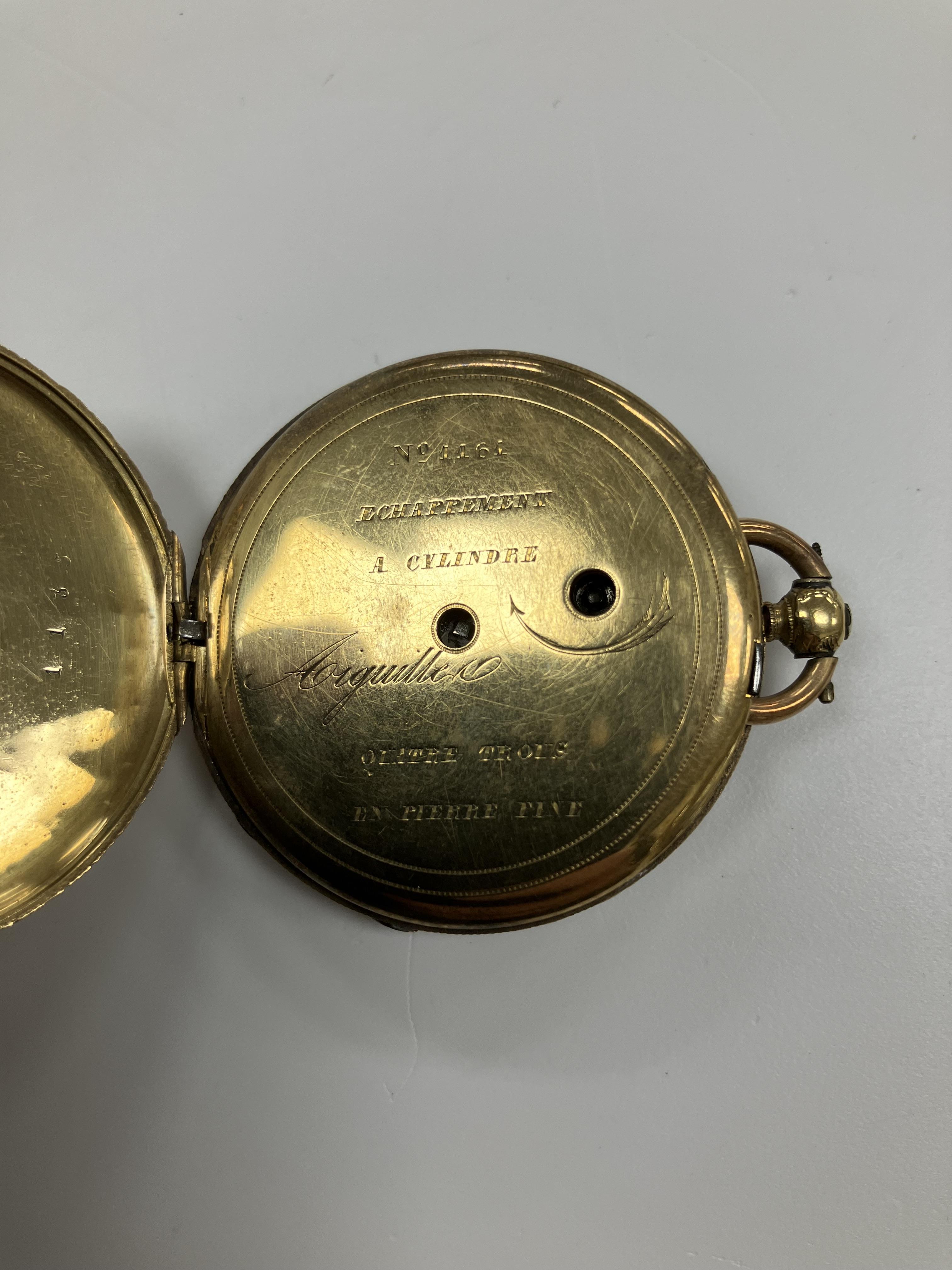 A 19th Century French yellow metal mounted open face pocket watch with engraved silvered dial and - Bild 5 aus 6