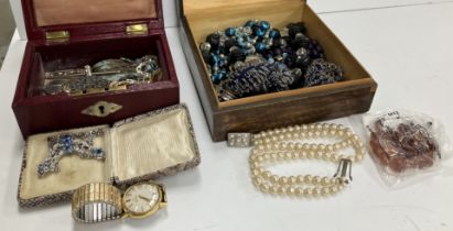 A collection of various costume jewellery including a plated chatelain, fancy miser's purse,