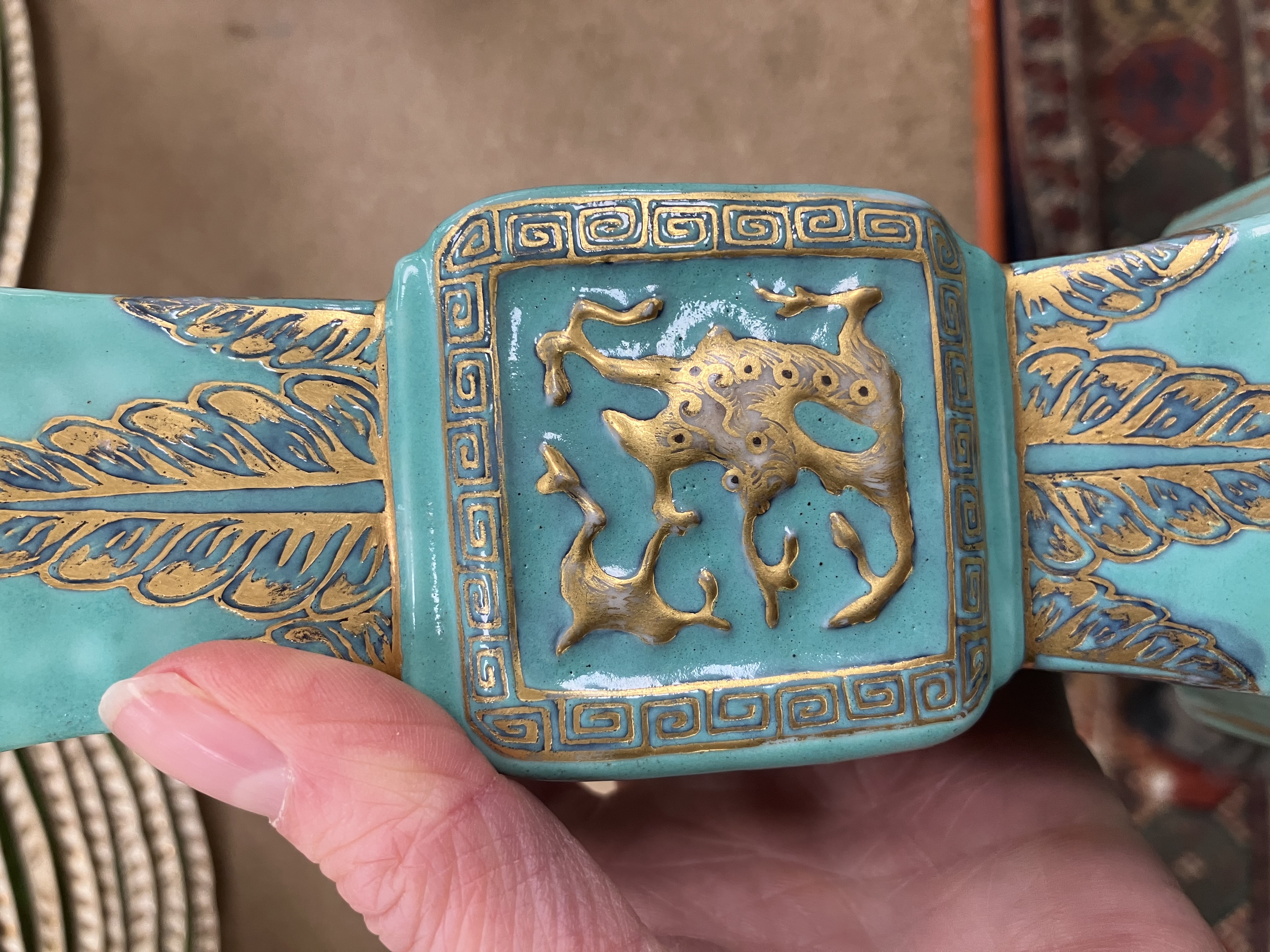 A pair of Chinese turquoise glazed gu vases of flared square form, - Image 9 of 44
