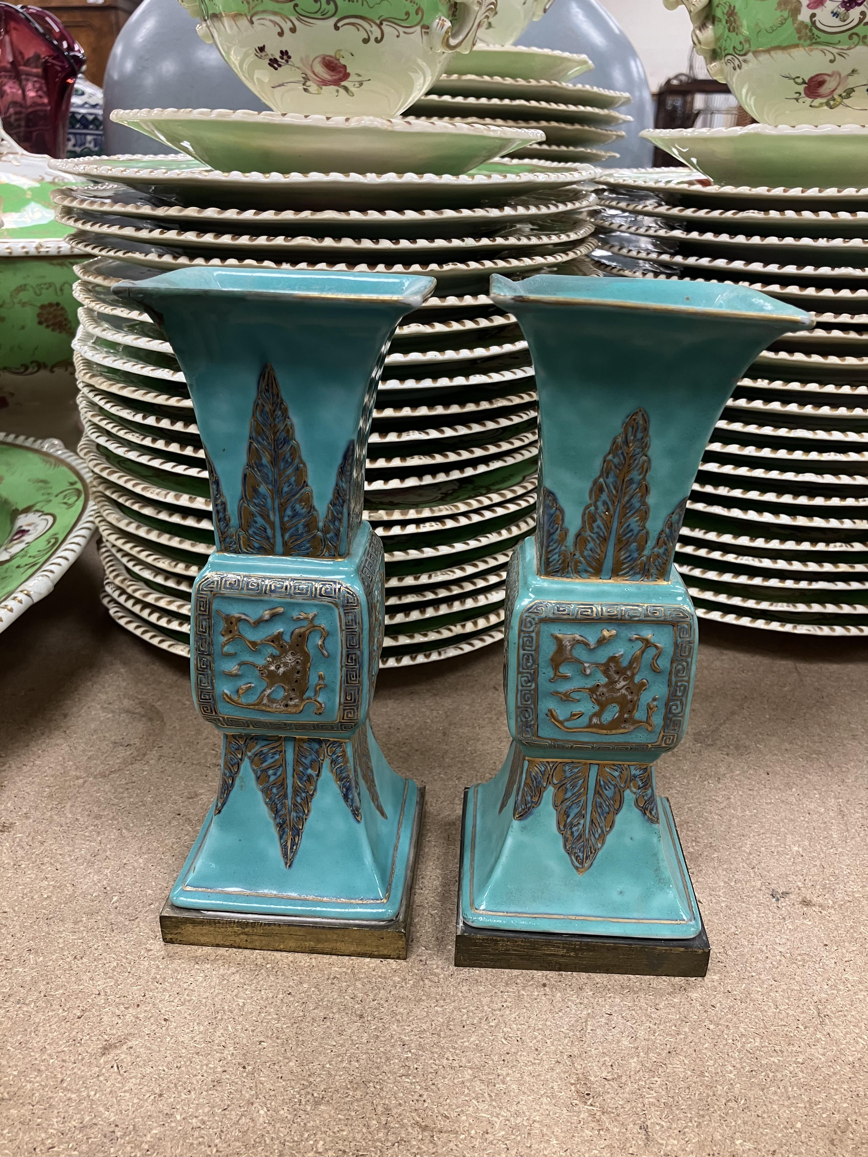 A pair of Chinese turquoise glazed gu vases of flared square form, - Image 25 of 44