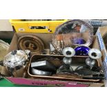 A box containing various plated wares including water jug, two toast racks, salver and bowl,