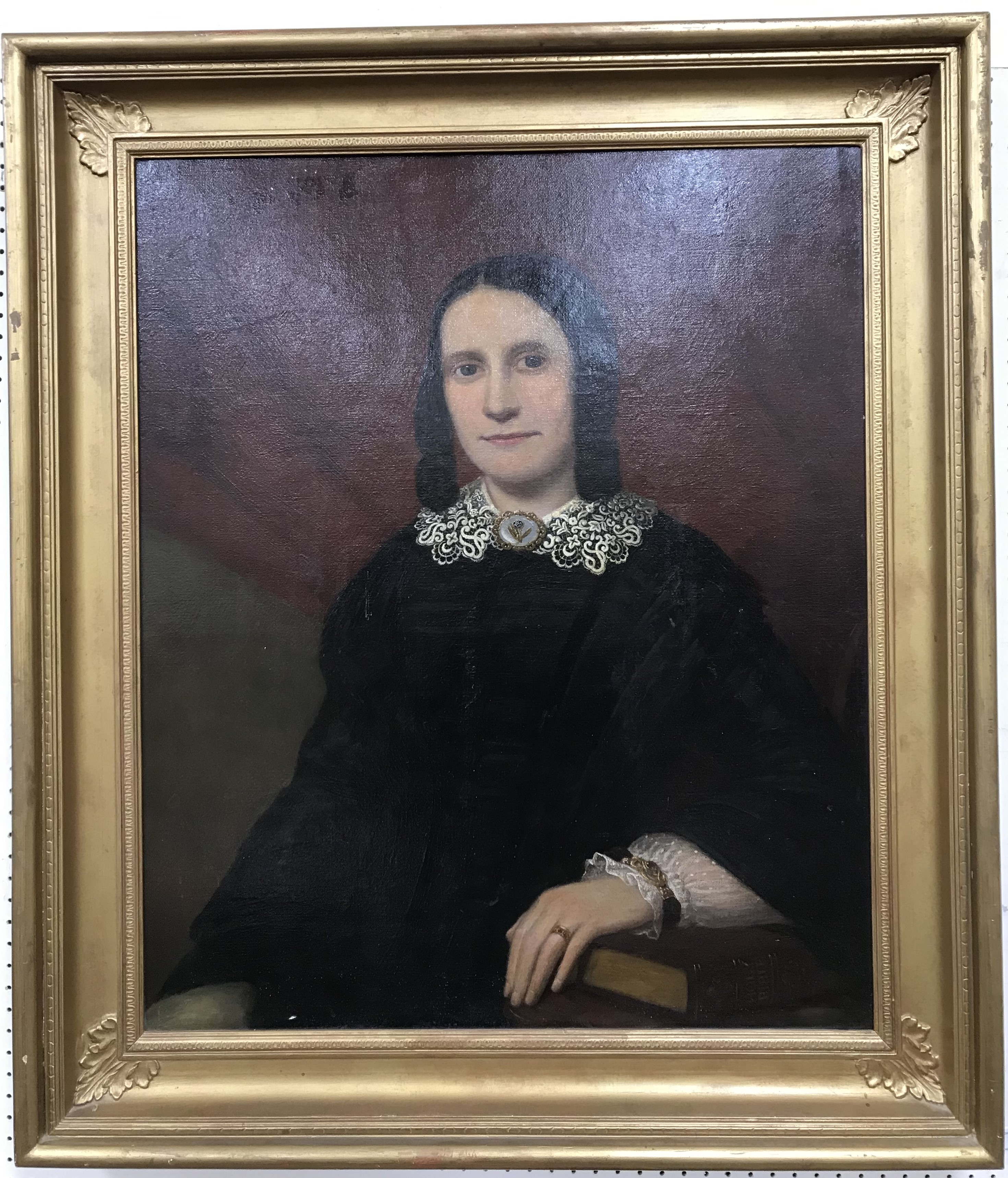 19TH CENTURY ENGLISH SCHOOL "Lady seated in lace-trimmed black dress, her left arm upon a book", - Image 2 of 2