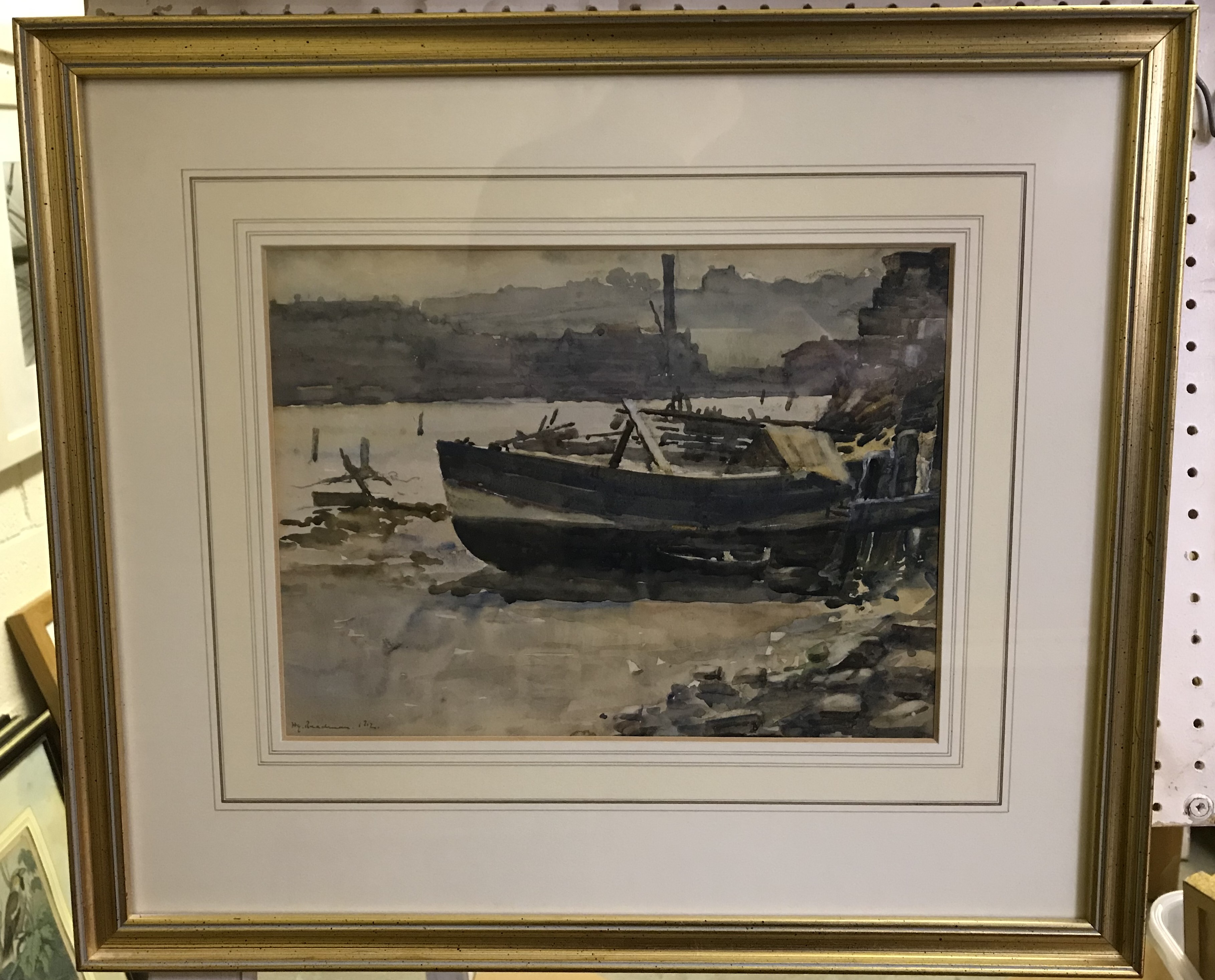 HENRY READMAN "Beached fishing boat by water's edge, factory in the background", watercolour, - Image 2 of 2