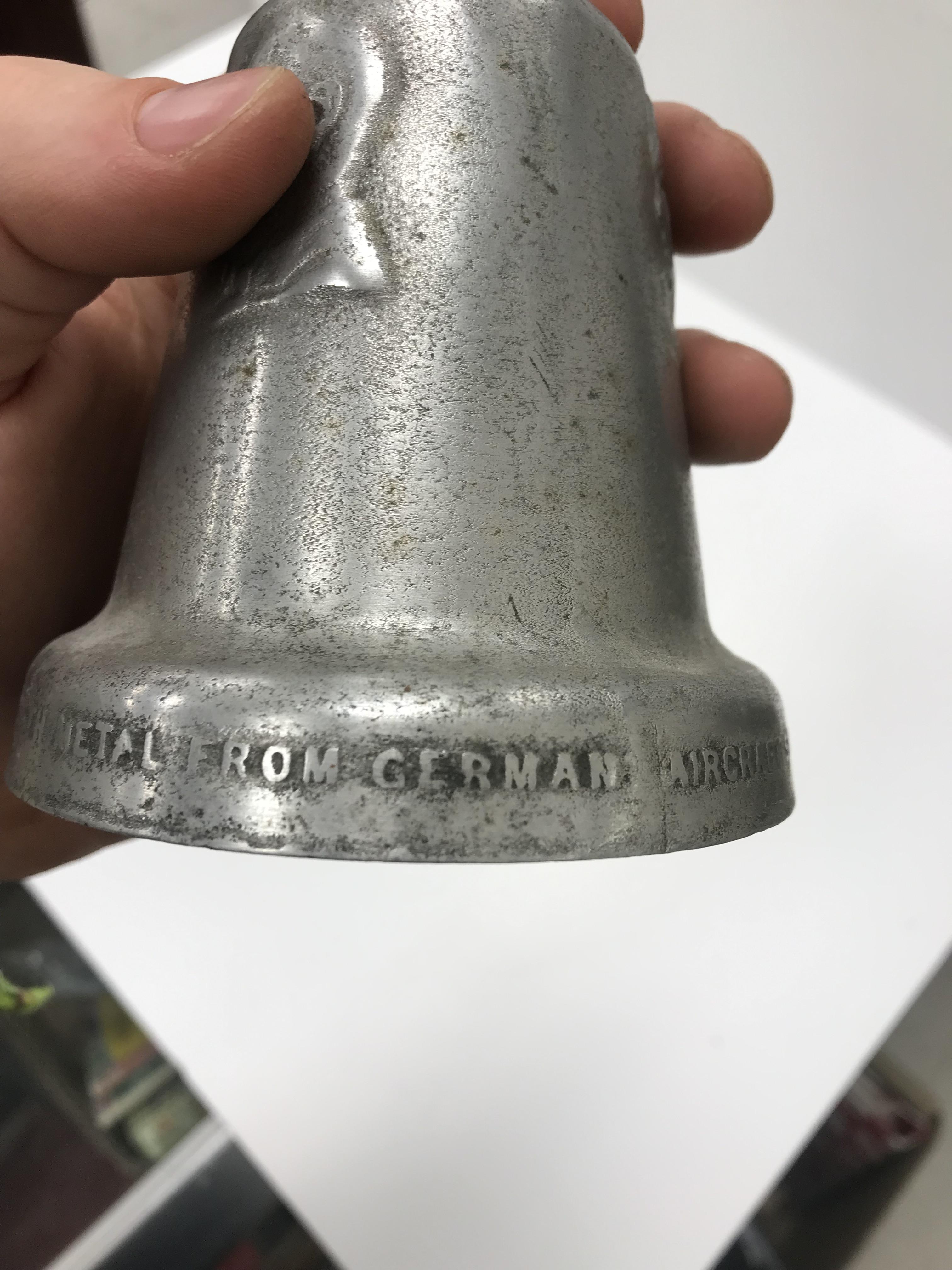 Two aluminium table bells inscribed "RAF Benevolent Fund cast with metal from German aircraft shot - Image 5 of 7