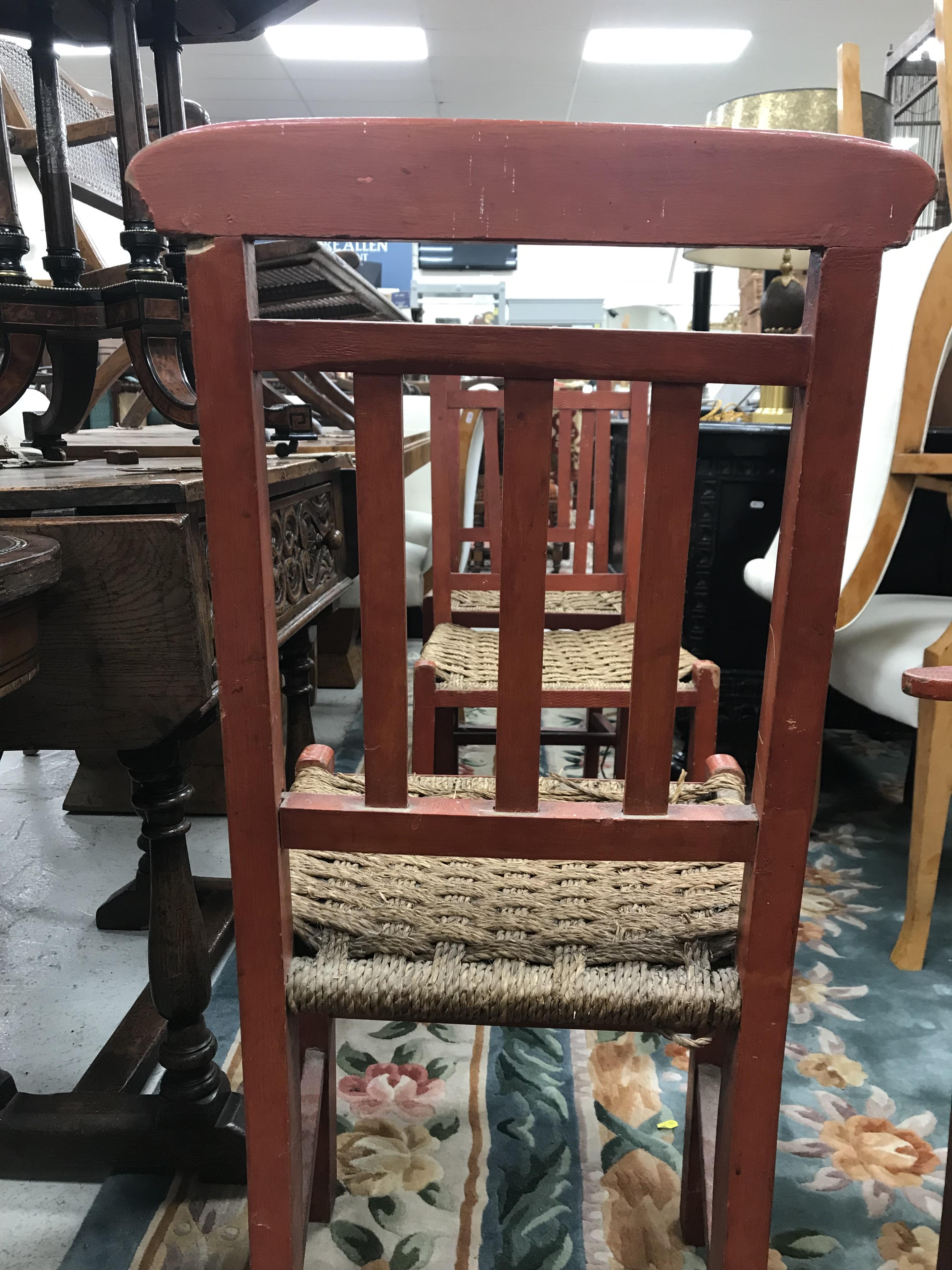 A set of six mid 20th Century red painted wrigglework decorated framed dining chairs, - Image 51 of 128