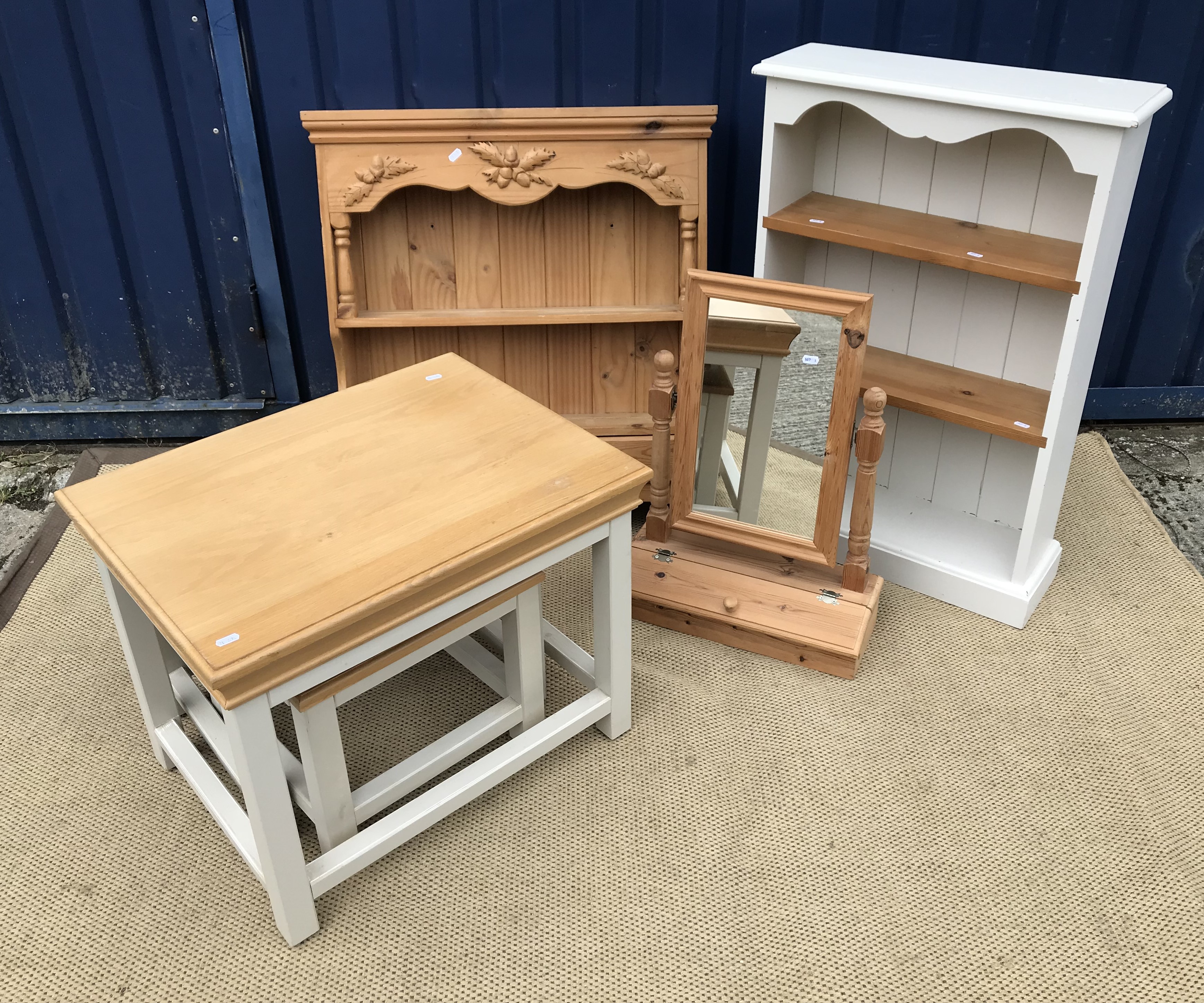 A modern painted and pitch pine bookcase with open shelving, a pine toilet mirror,