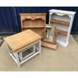 A modern painted and pitch pine bookcase with open shelving, a pine toilet mirror,