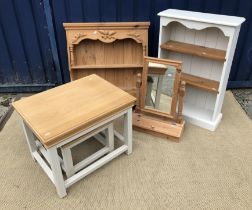 A modern painted and pitch pine bookcase with open shelving, a pine toilet mirror,