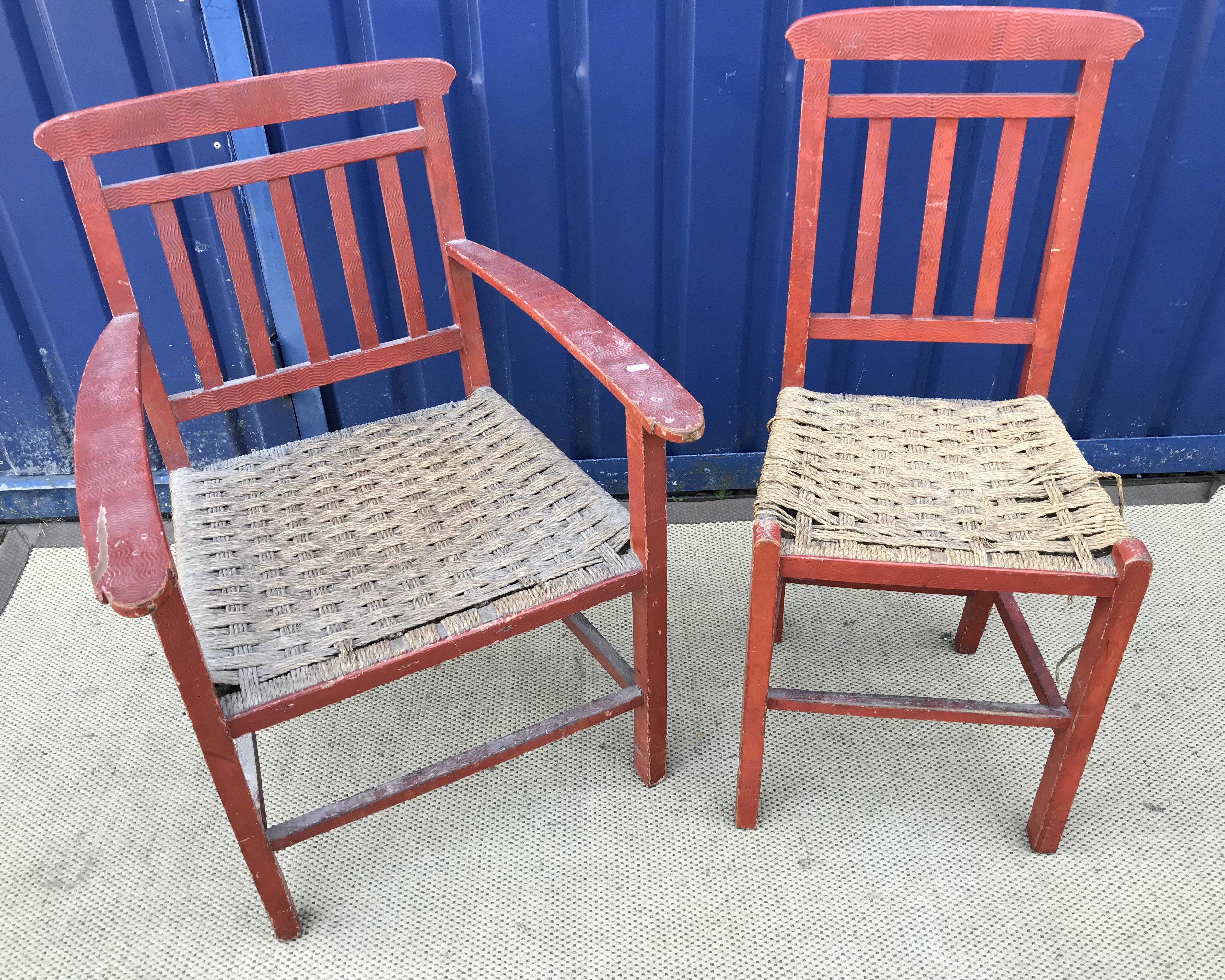 A set of six mid 20th Century red painted wrigglework decorated framed dining chairs, - Image 2 of 128