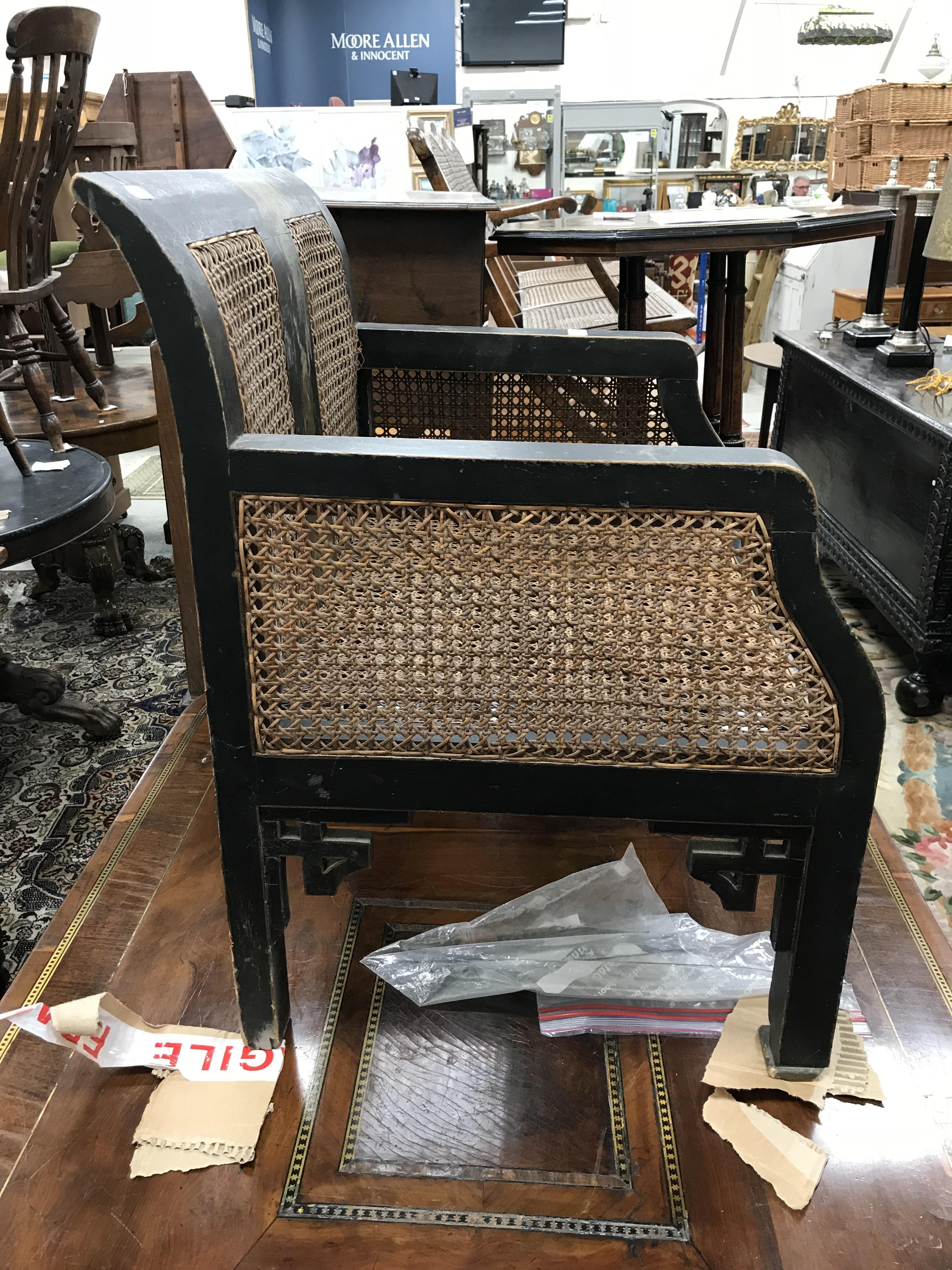 A pair of early 20th Century black lacquered and chinoiserie decorated caned low arm chairs on - Image 31 of 36