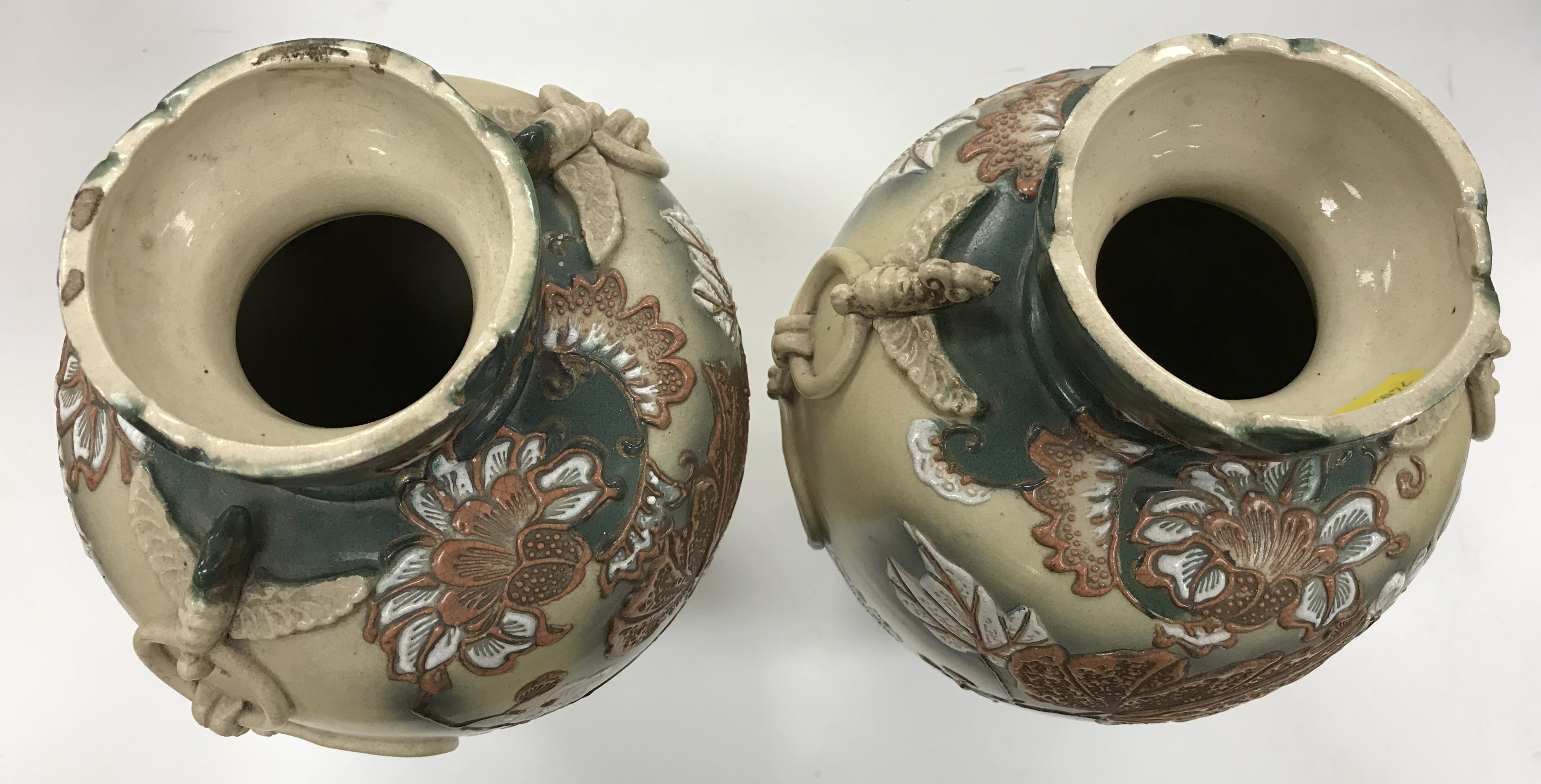 A pair of early 20th Century Japanese satsuma ware vases with relief work bird and knot decorated - Image 4 of 4