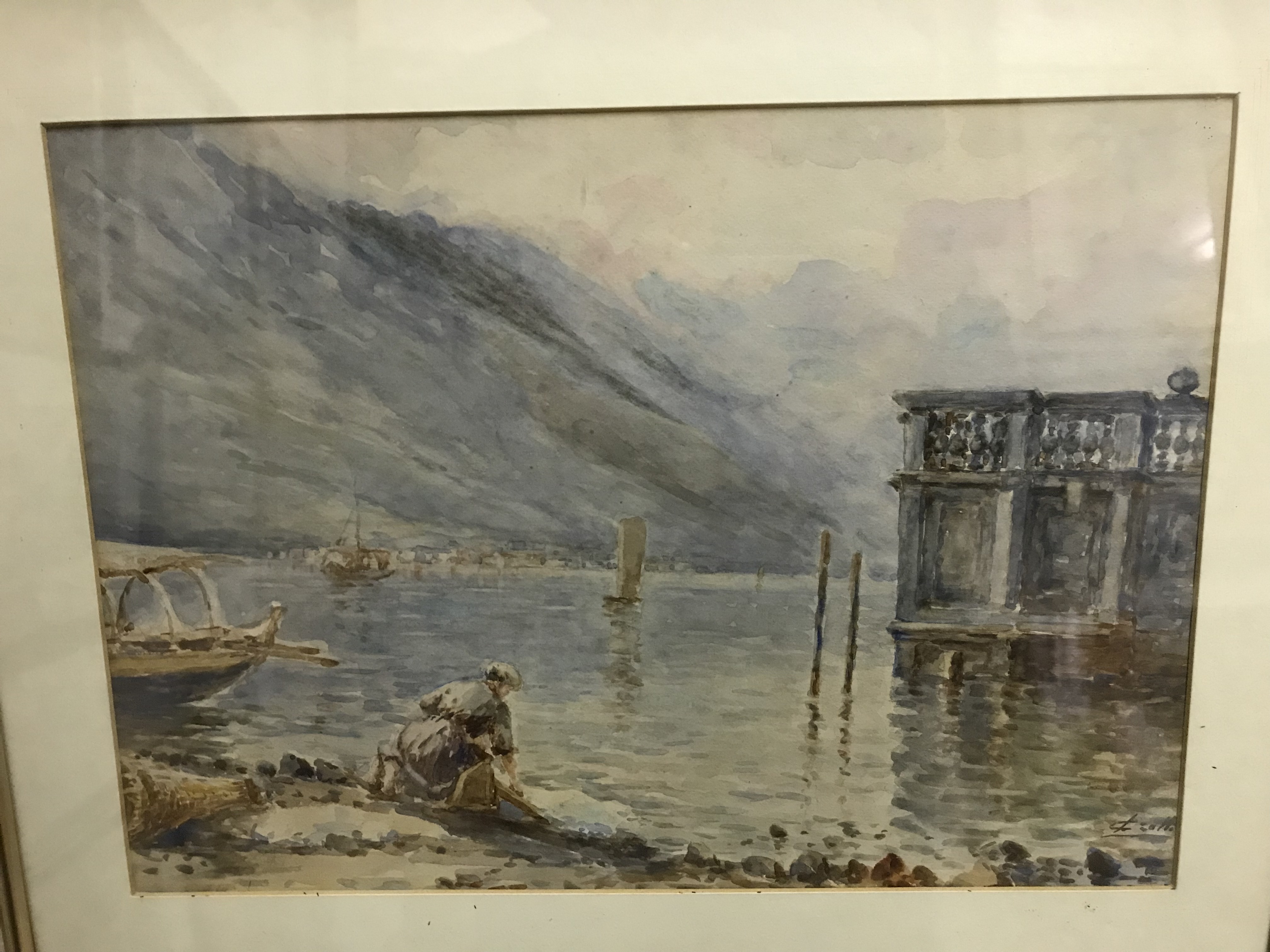 ZOTTI? "Washerwoman at waterside with boats in mid ground" watercolour, - Image 2 of 5