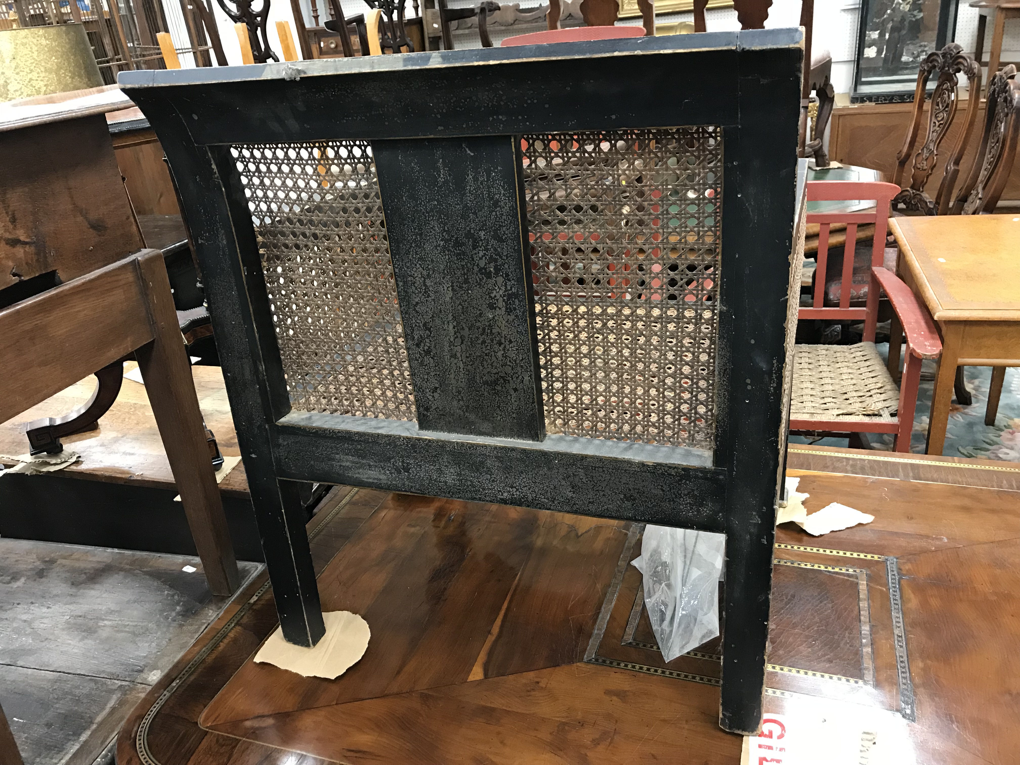 A pair of early 20th Century black lacquered and chinoiserie decorated caned low arm chairs on - Image 30 of 36