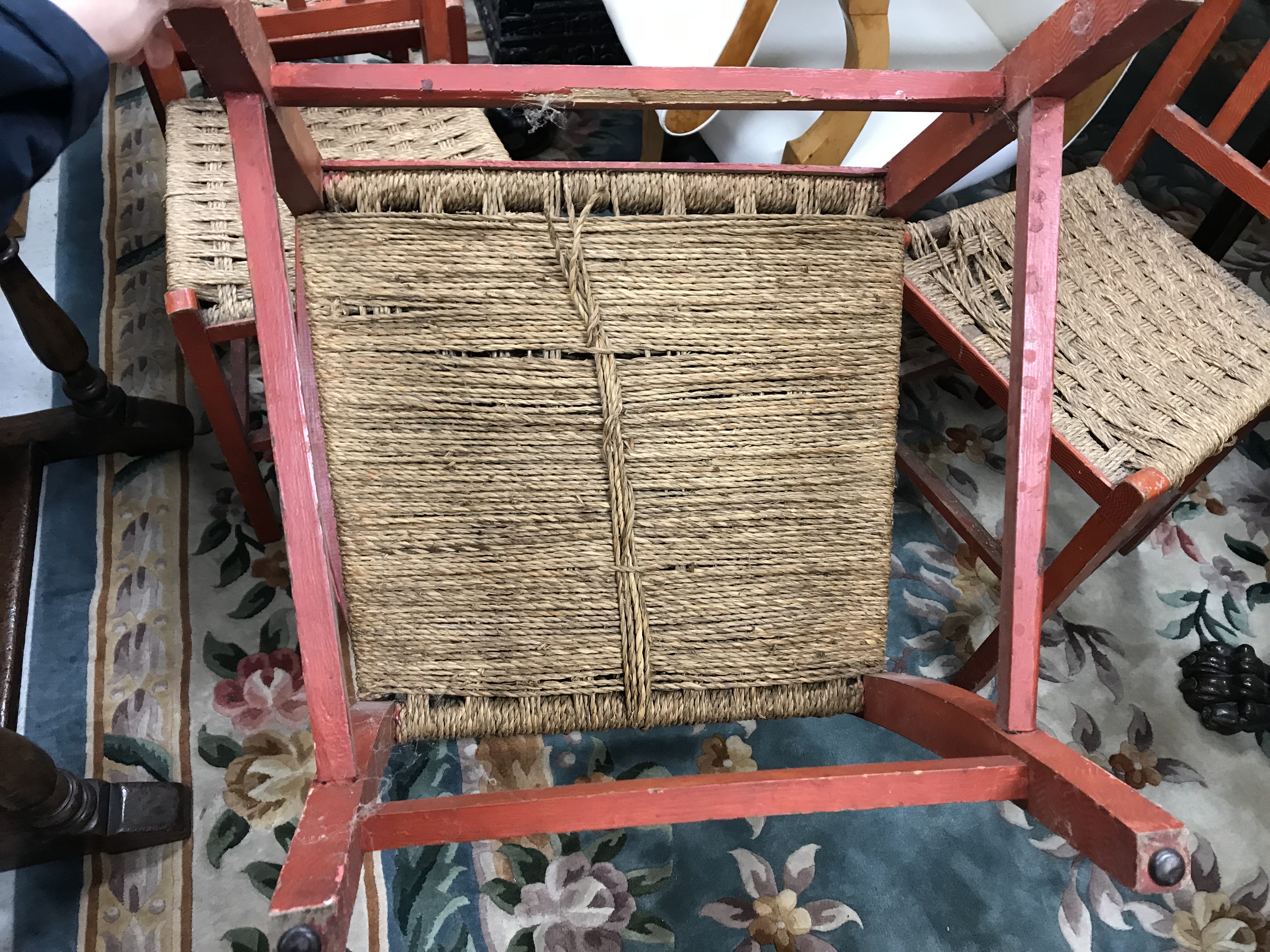 A set of six mid 20th Century red painted wrigglework decorated framed dining chairs, - Image 60 of 128