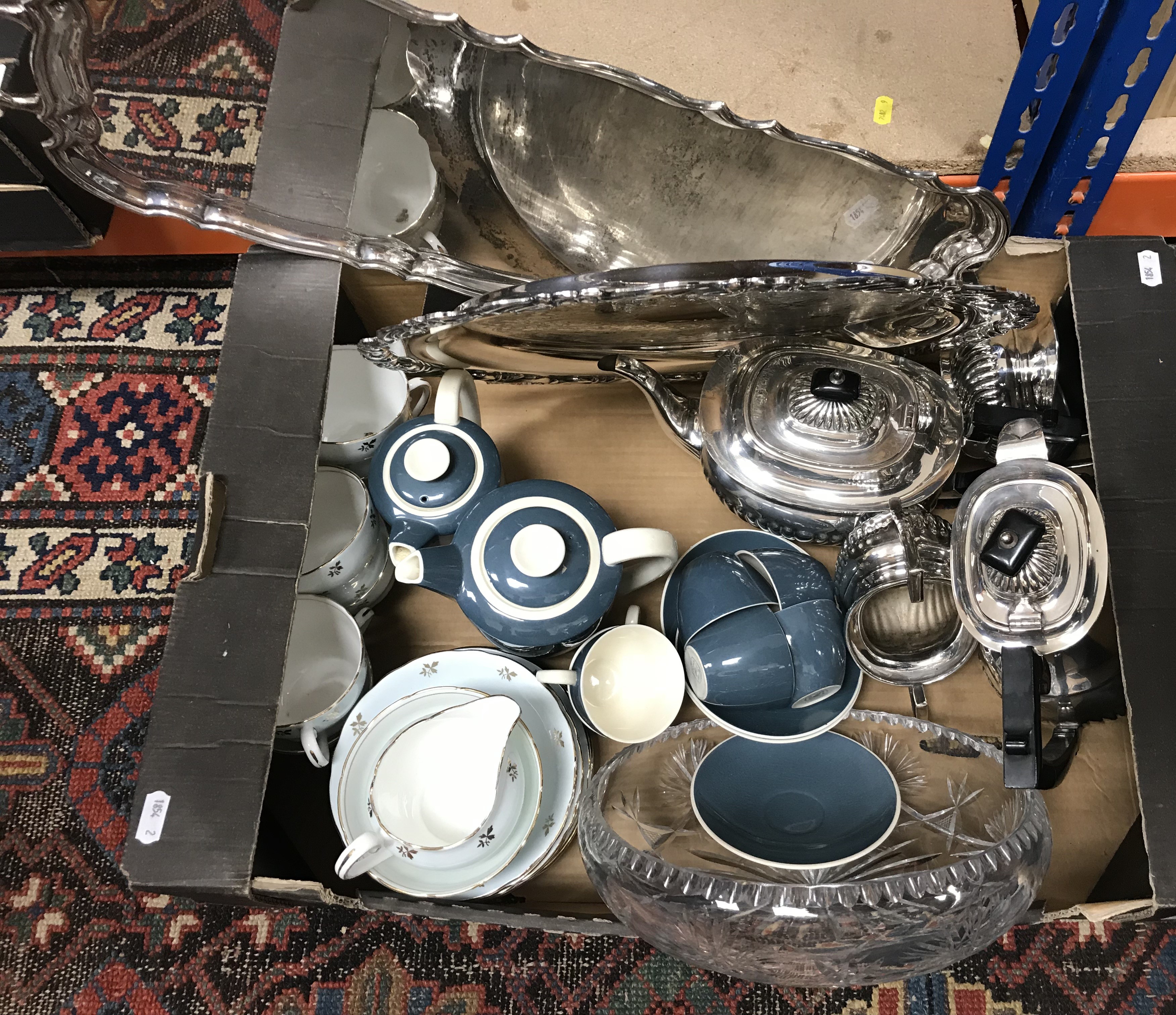 A box containing a Poole part coffee service, an Adderley part tea service,