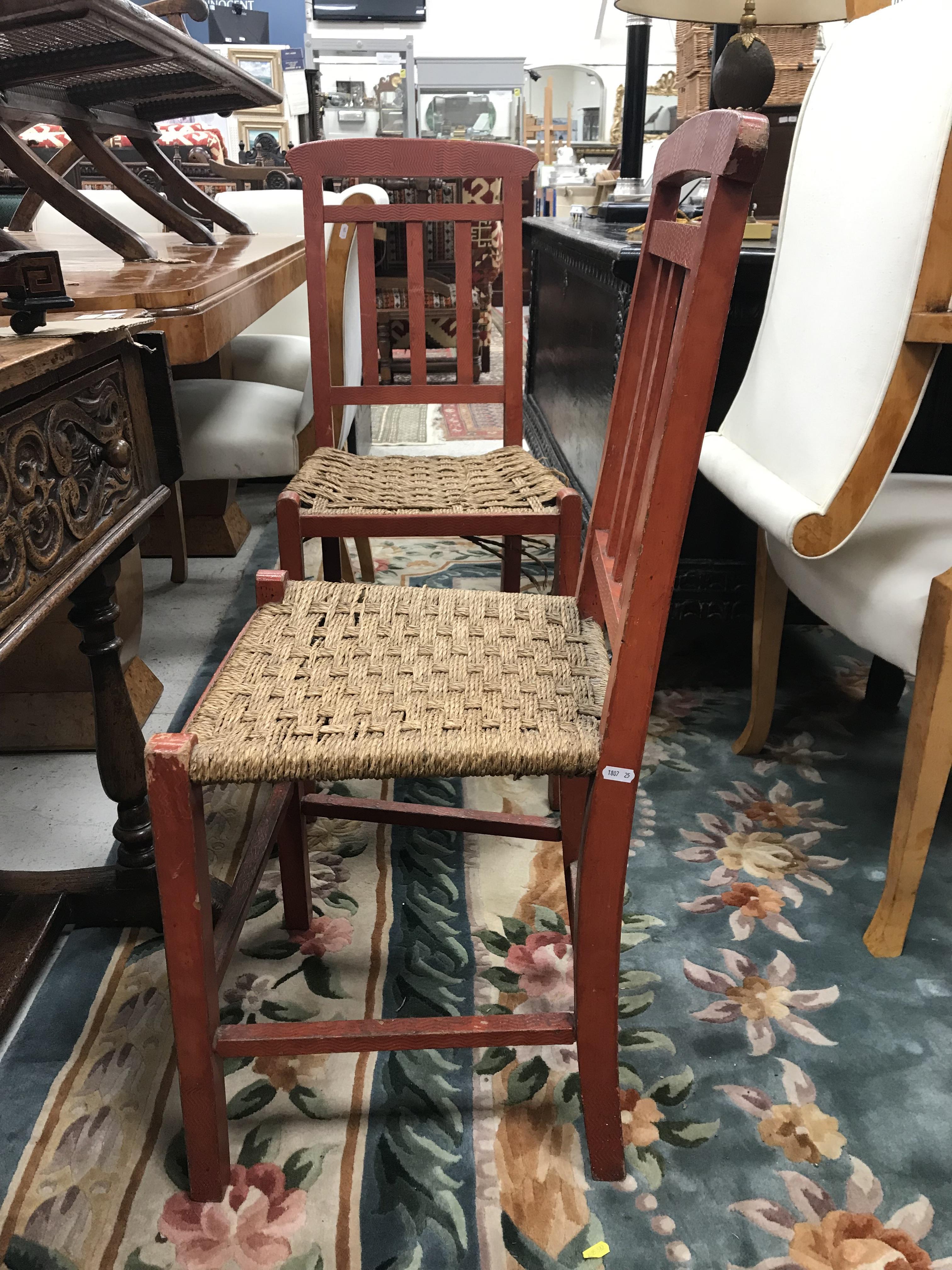 A set of six mid 20th Century red painted wrigglework decorated framed dining chairs, - Image 43 of 128