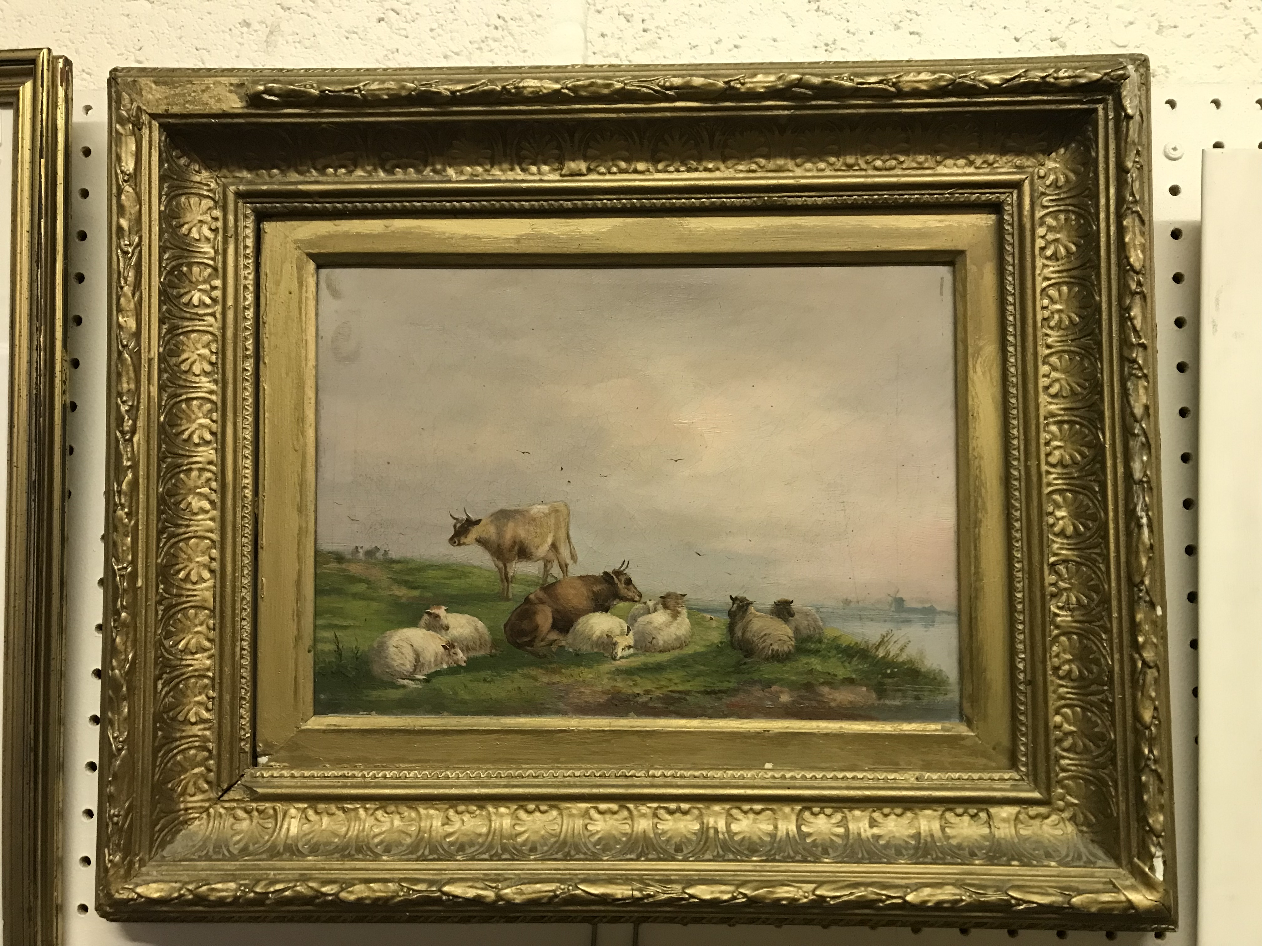 19TH CENTURY ENGLISH SCHOOL "Study of cattle by river with windmills in mid ground", oil on canvas, - Image 2 of 2
