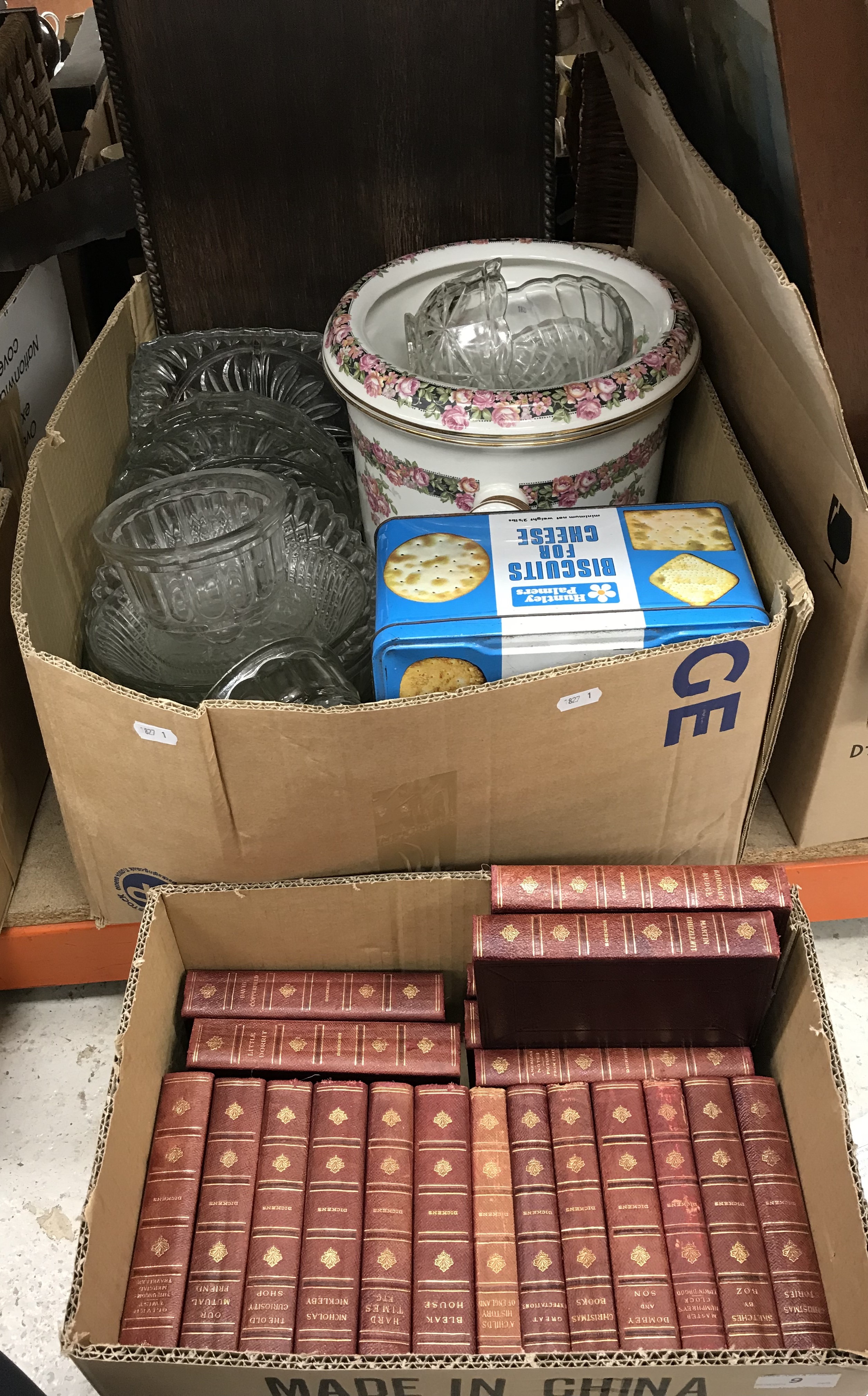 WITHDRAWN A box of glass jelly moulds, together with a wooden tray and a flowered china bucket,