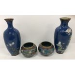 Two similar Chinese blue ground cloisonné vases with floral spray and blossom decoration,