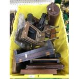 A box of various vintage photographic equipment including a Lancaster & Son Ltd camera bellows