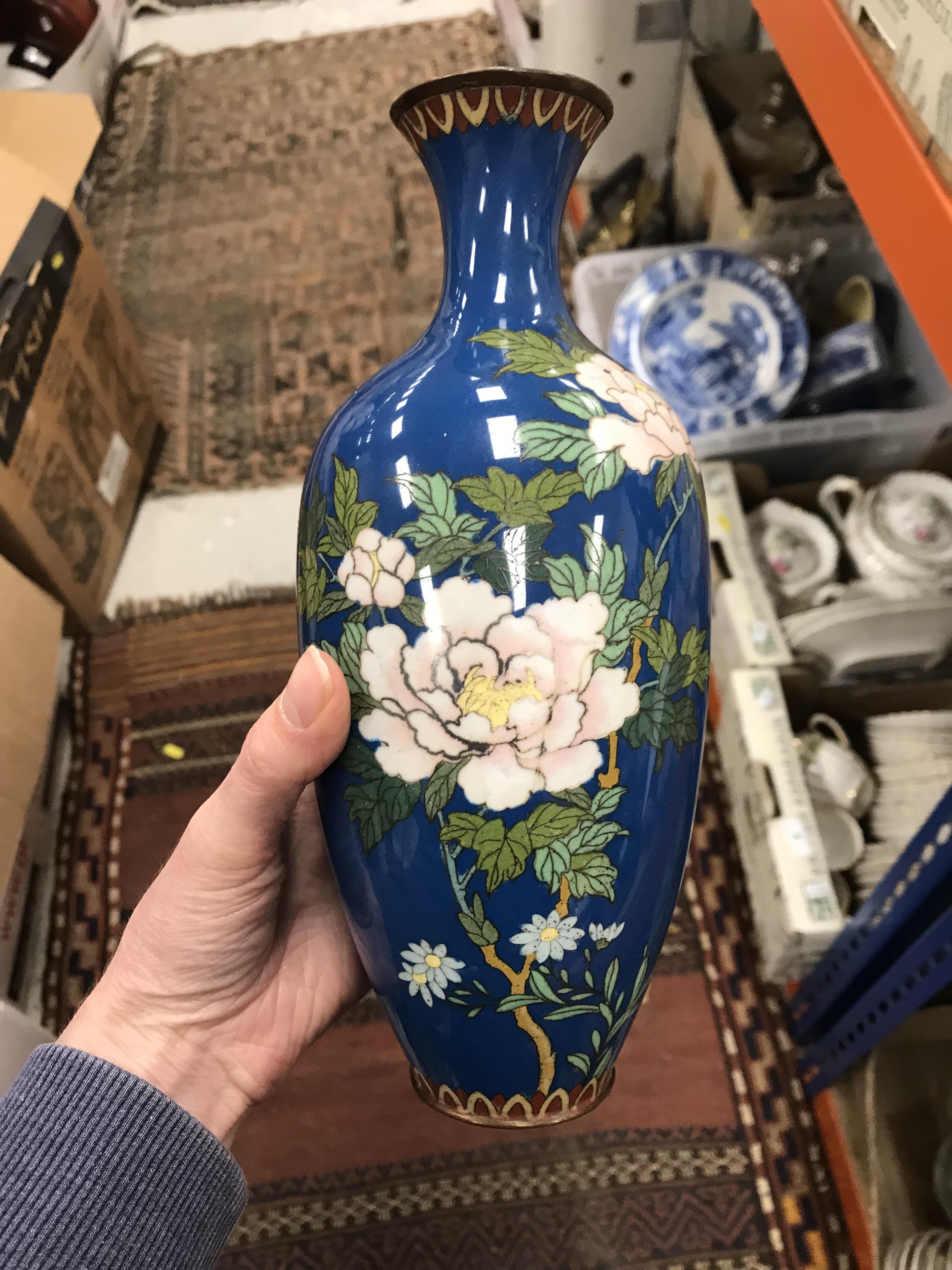 Two similar Chinese blue ground cloisonné vases with floral spray and blossom decoration, - Image 31 of 38