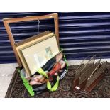 A modern mahogany and brass mounted magazine rack together with a small collection of pictures and