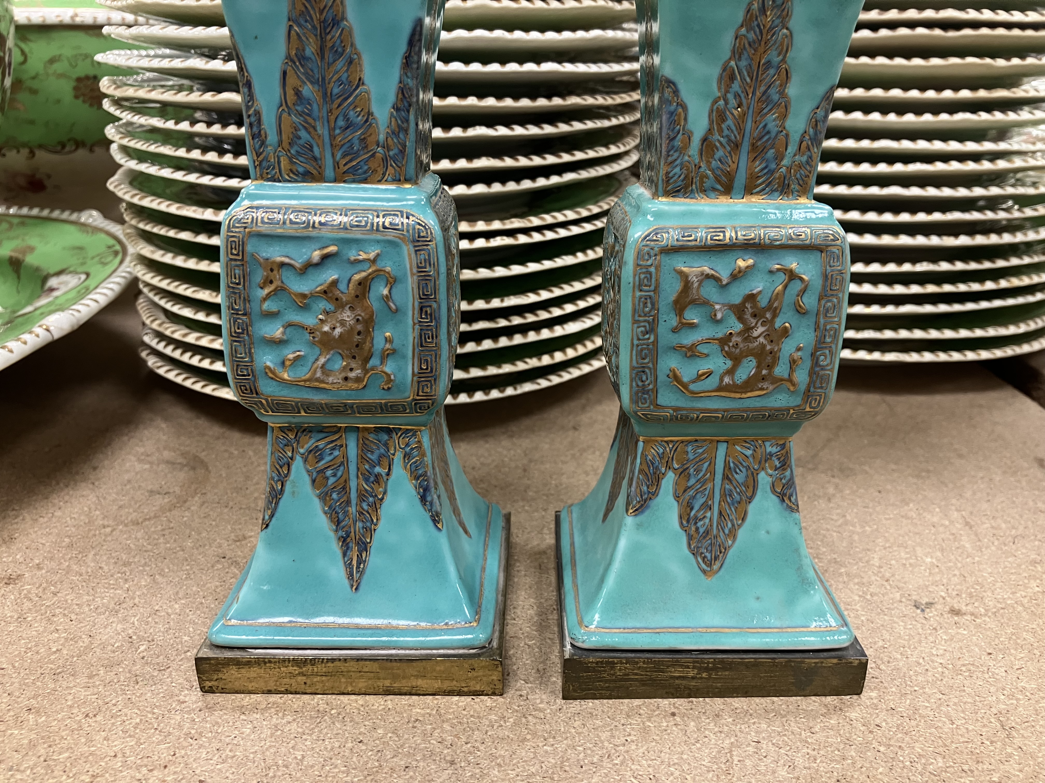 A pair of Chinese turquoise glazed gu vases of flared square form, - Image 23 of 44