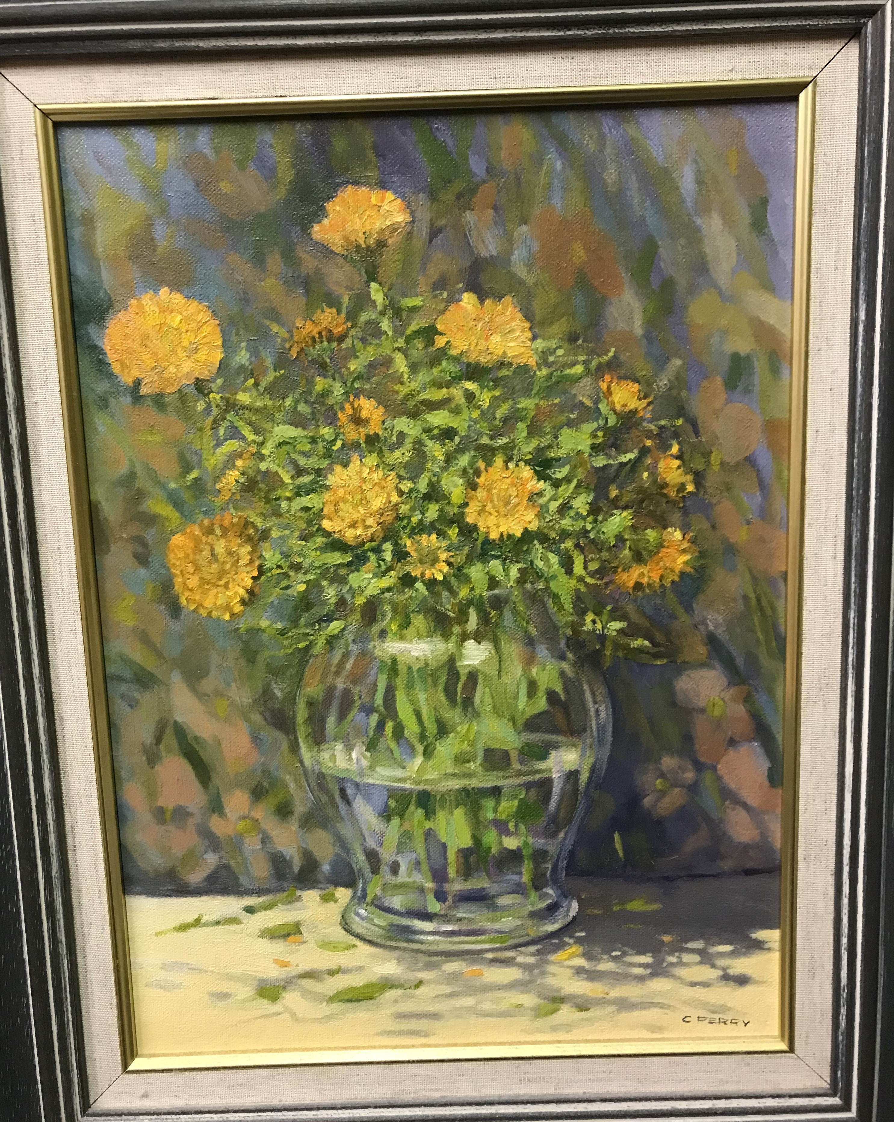 C. PERRY "Marigolds" oil on board, signed lower right, titled and dated '95 label verso, 34. - Image 2 of 4