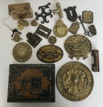 A collection of various items to include a brass money box stamped "Notes" to one end and "Coins"