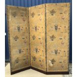 A late 19th / early 20th Century Chinese printed fabric covered three-fold screen decorated with
