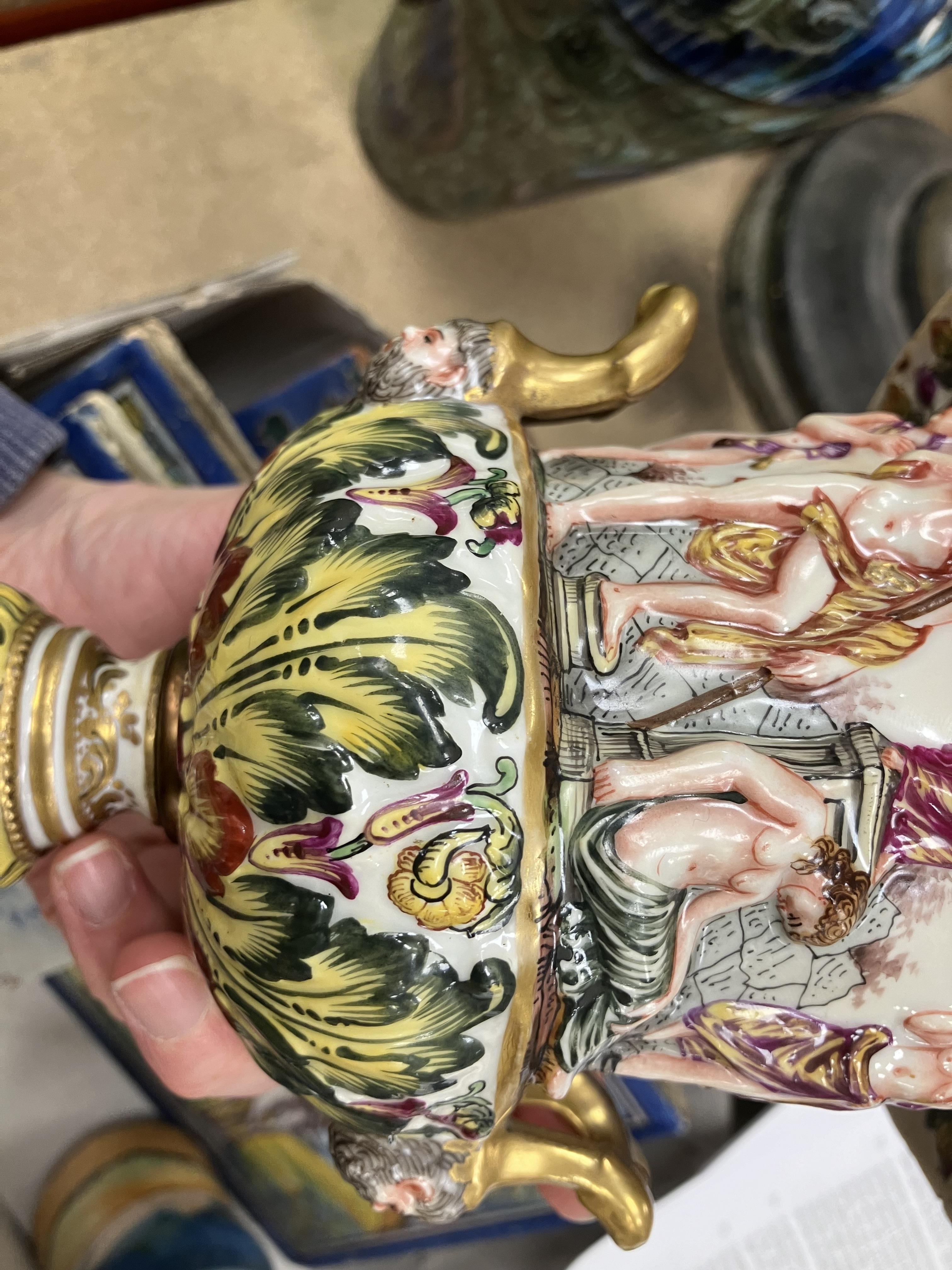 A Capodimonte polychrome relief decorated urn shaped vase with egg and dart rim over a classically - Image 30 of 41