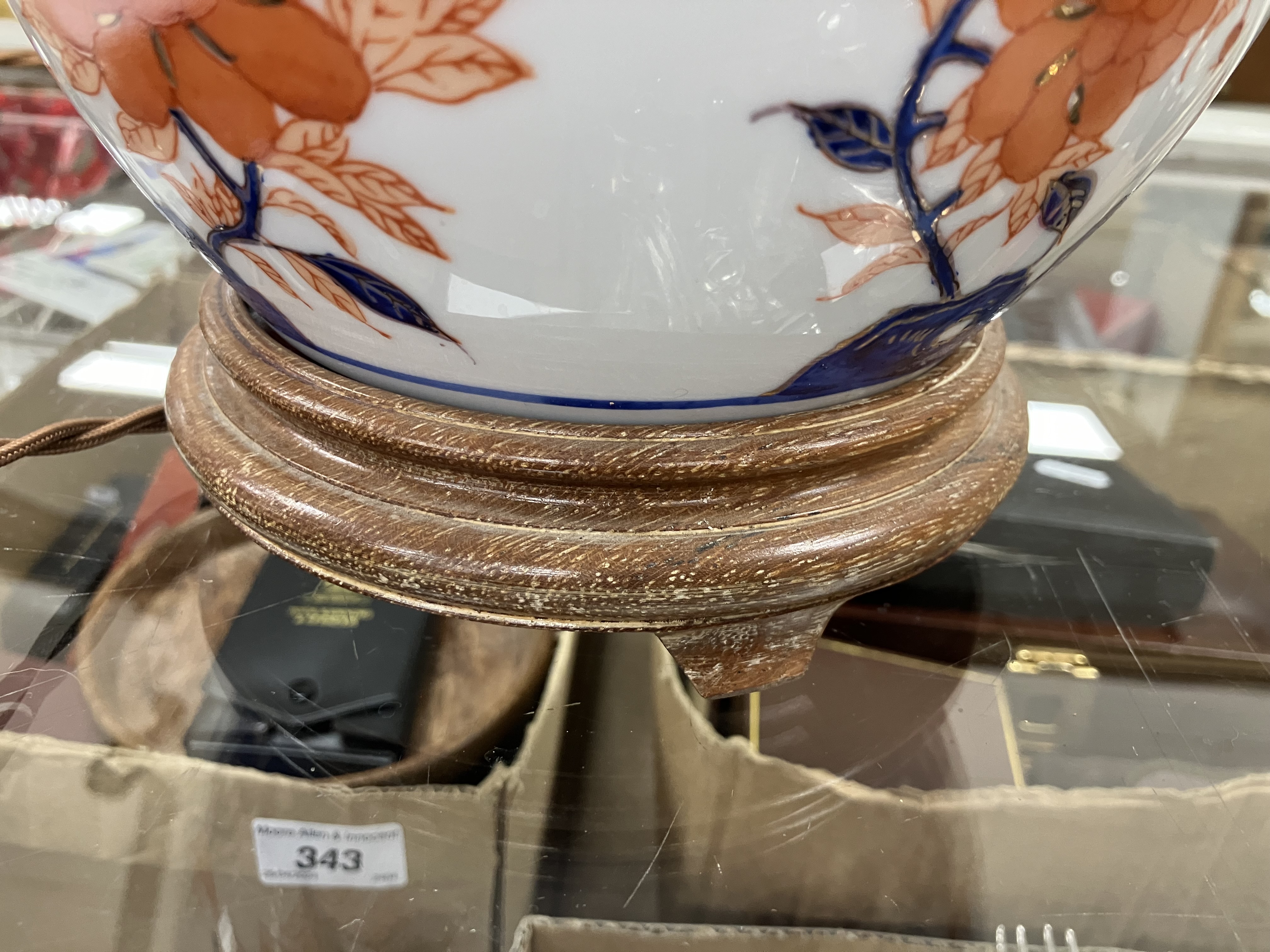 A pair of Japanese porcelain butterfly and flower decorated table lamps of ginger jar form in the - Image 4 of 32