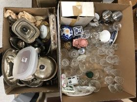 A box of assorted plated ware together with a box containing assorted glass and china ware to