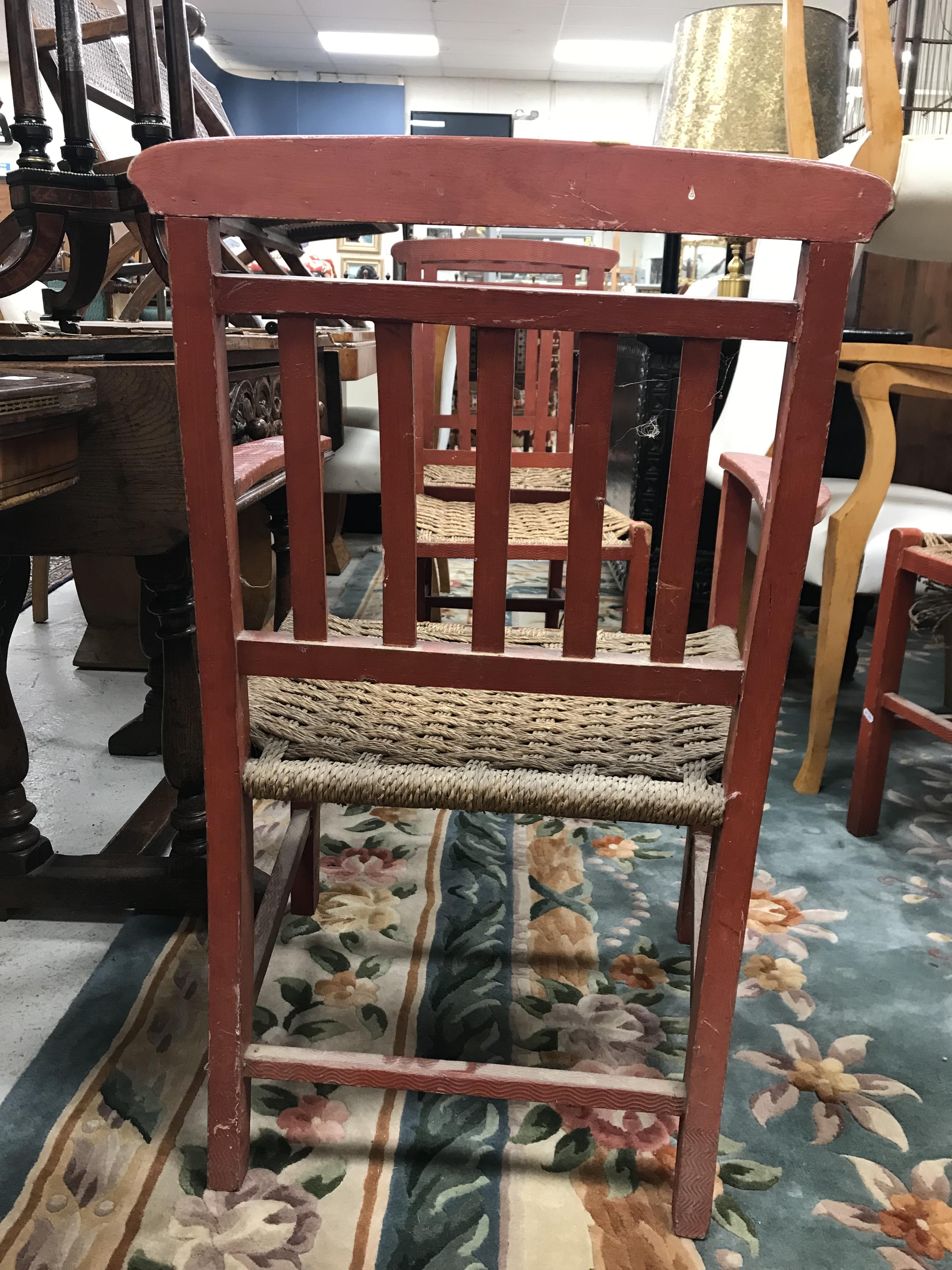 A set of six mid 20th Century red painted wrigglework decorated framed dining chairs, - Image 70 of 128